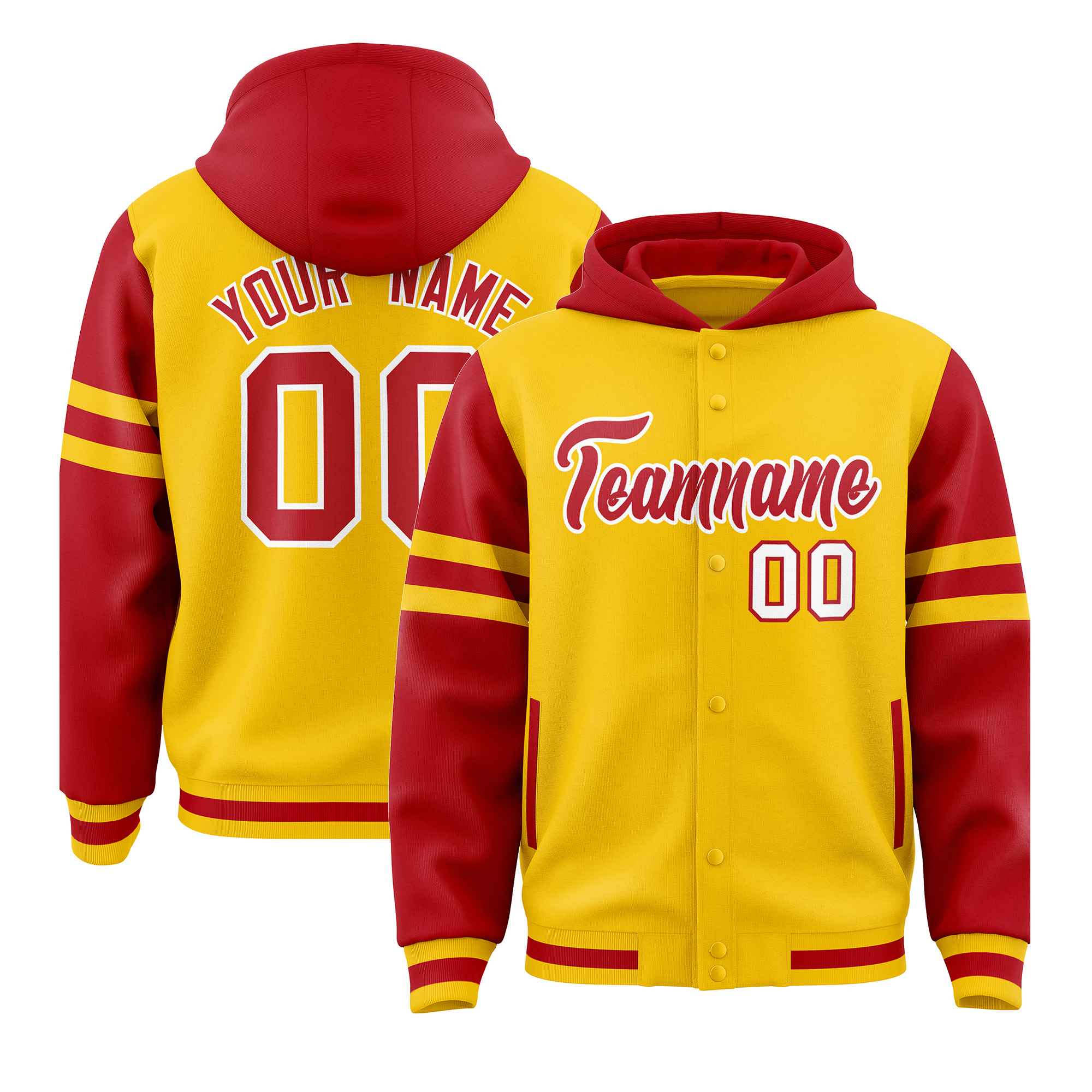 Custom Gold Red Raglan Sleeves Varsity Full-Snap Letterman Three Stripes Jacket Hoodie| KXKSHOP