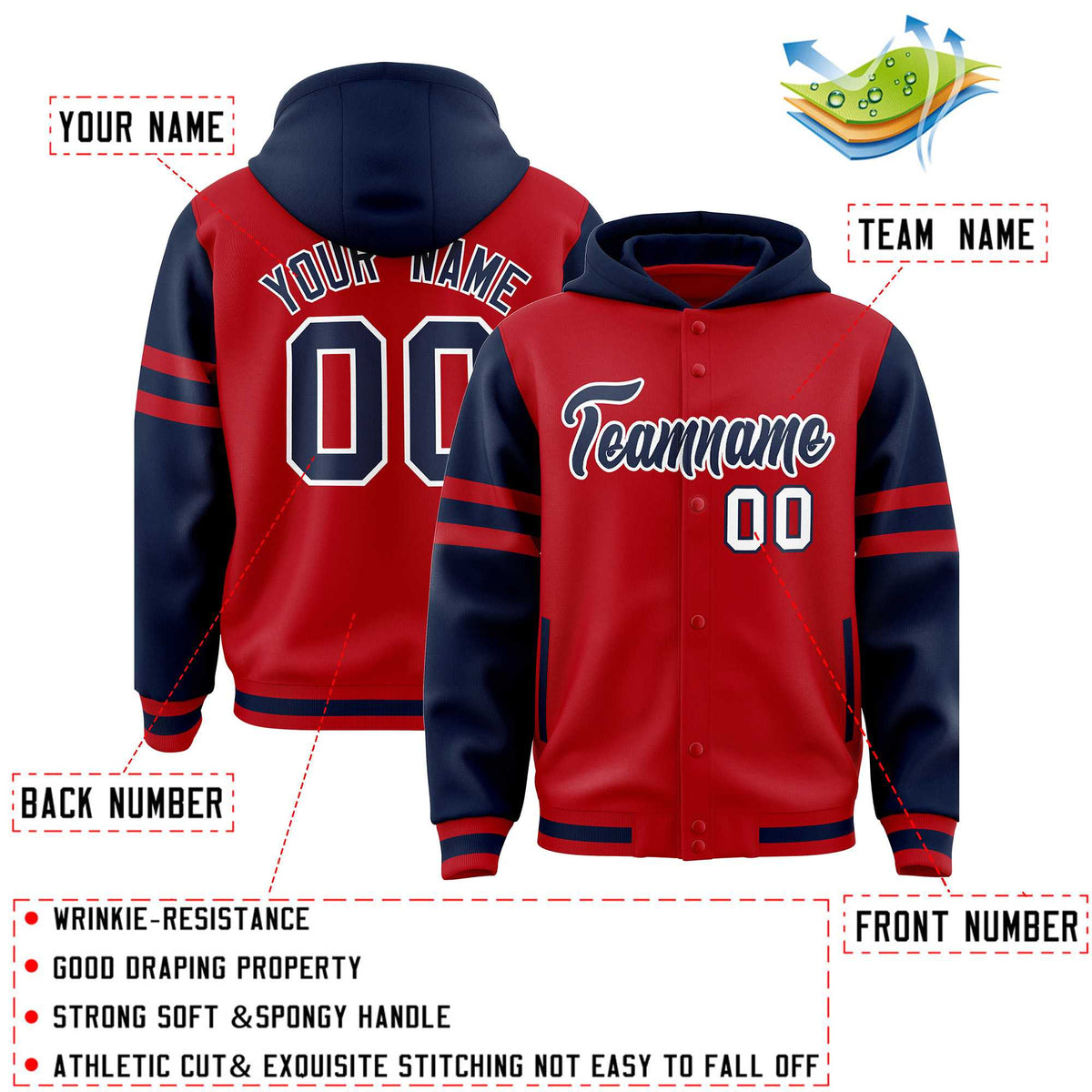 Custom Red Navy Raglan Sleeves Varsity Full-Snap Letterman Three Stripes Jacket Hoodie| KXKSHOP