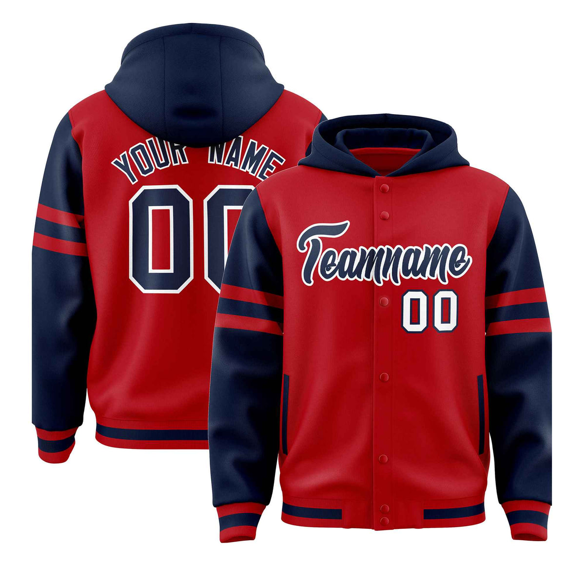 Custom Red Navy Raglan Sleeves Varsity Full-Snap Letterman Three Stripes Jacket Hoodie| KXKSHOP