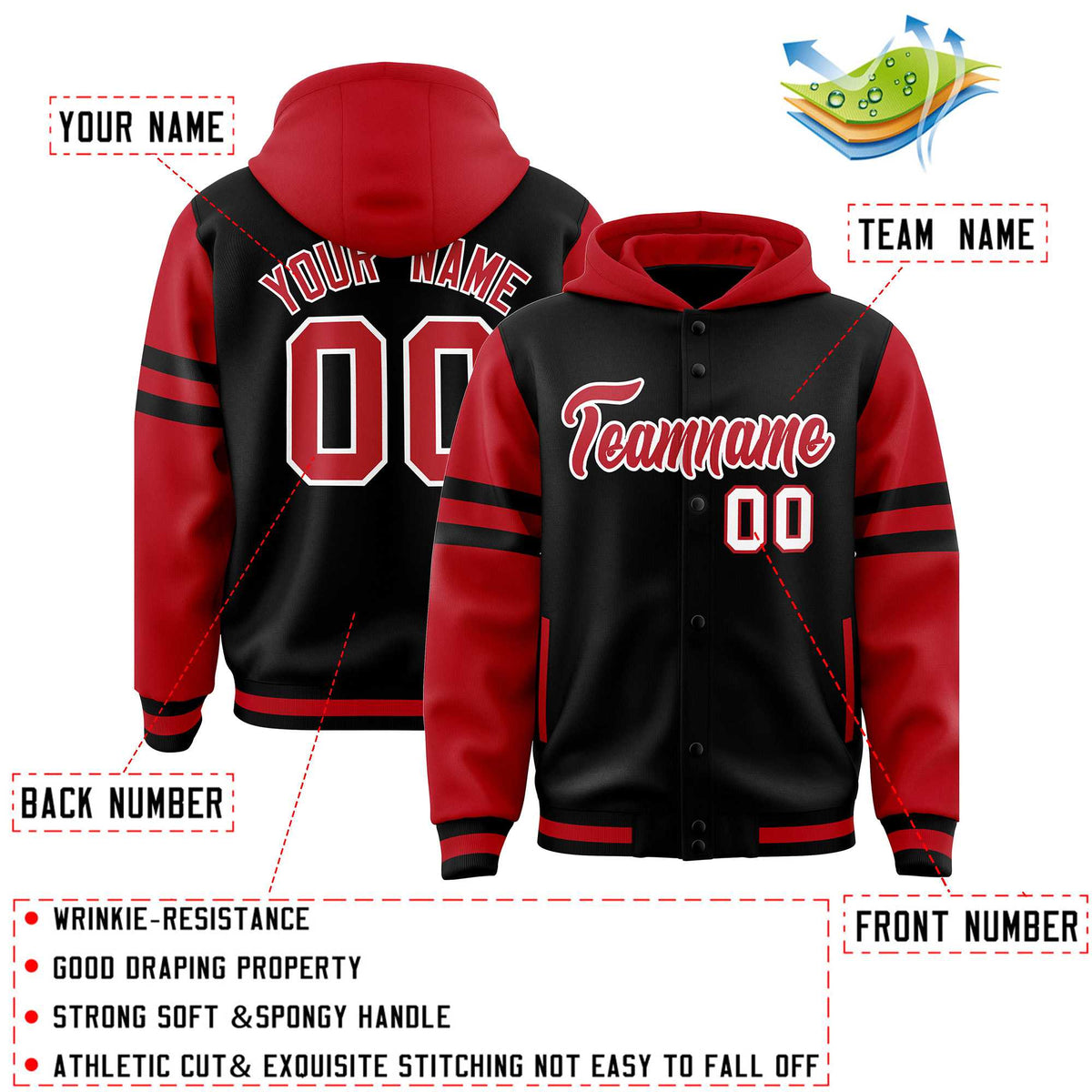 Custom Black Red Raglan Sleeves Varsity Full-Snap Letterman Three Stripes Jacket Hoodie| KXKSHOP