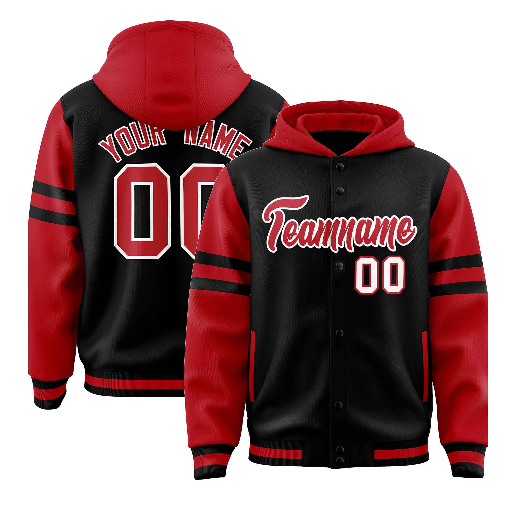 Custom Black Red Raglan Sleeves Varsity Full-Snap Letterman Three Stripes Jacket Hoodie| KXKSHOP