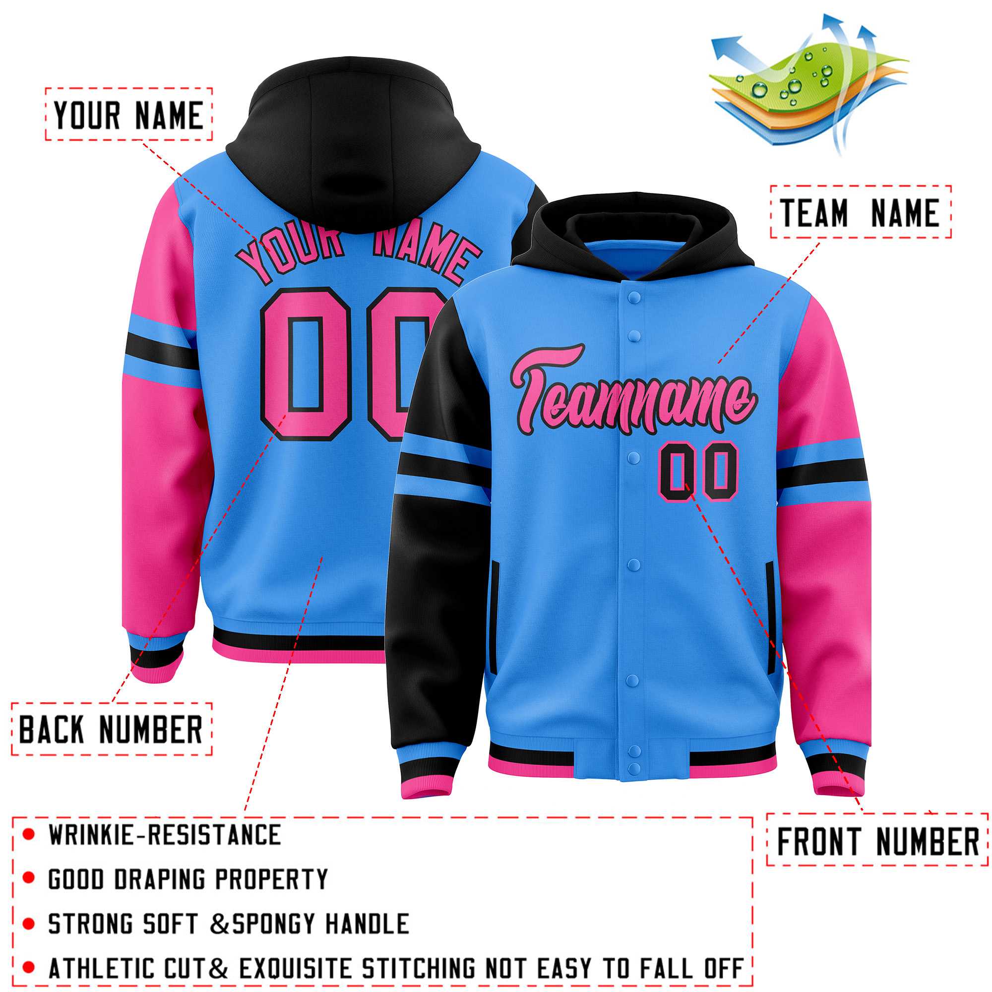 Custom Powder Blue Black-Pink Raglan Sleeves Varsity Full-Snap Letterman Three Stripes Jacket Hoodie| KXKSHOP