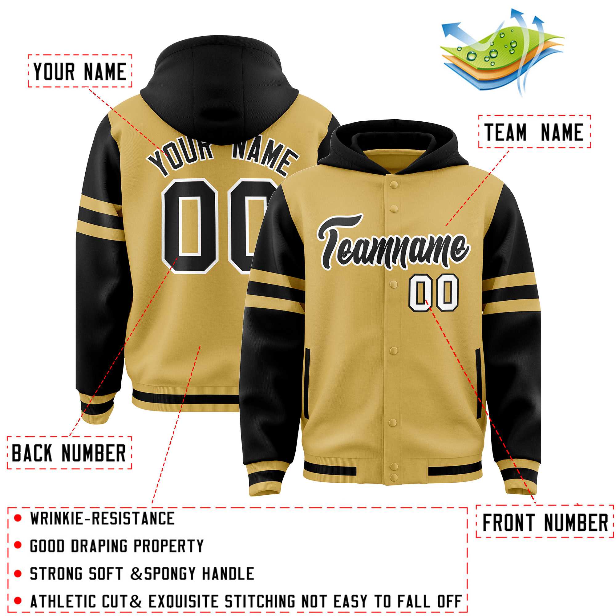 Custom Old Gold Black Raglan Sleeves Varsity Full-Snap Letterman Three Stripes Jacket Hoodie| KXKSHOP