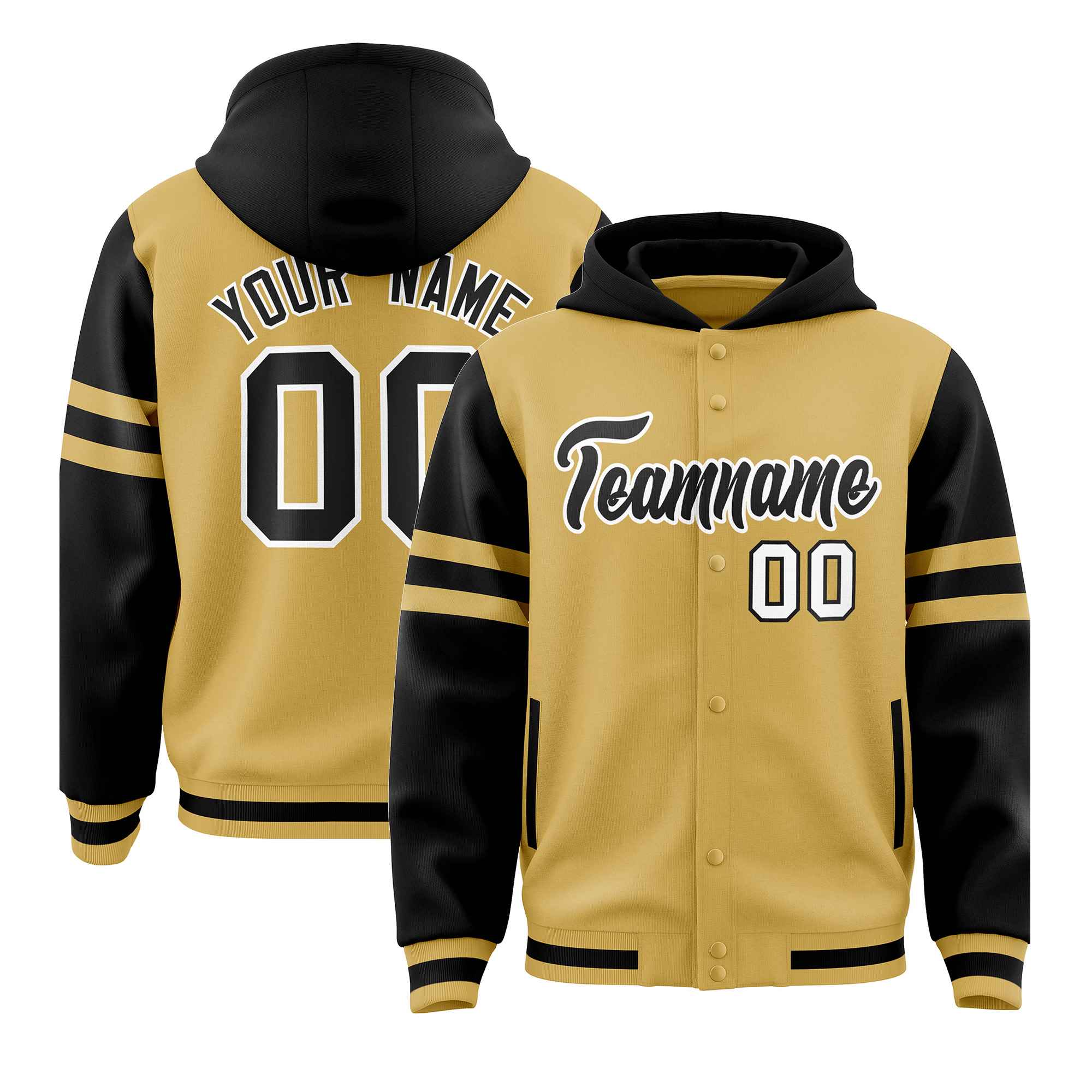 Custom Old Gold Black Raglan Sleeves Varsity Full-Snap Letterman Three Stripes Jacket Hoodie| KXKSHOP
