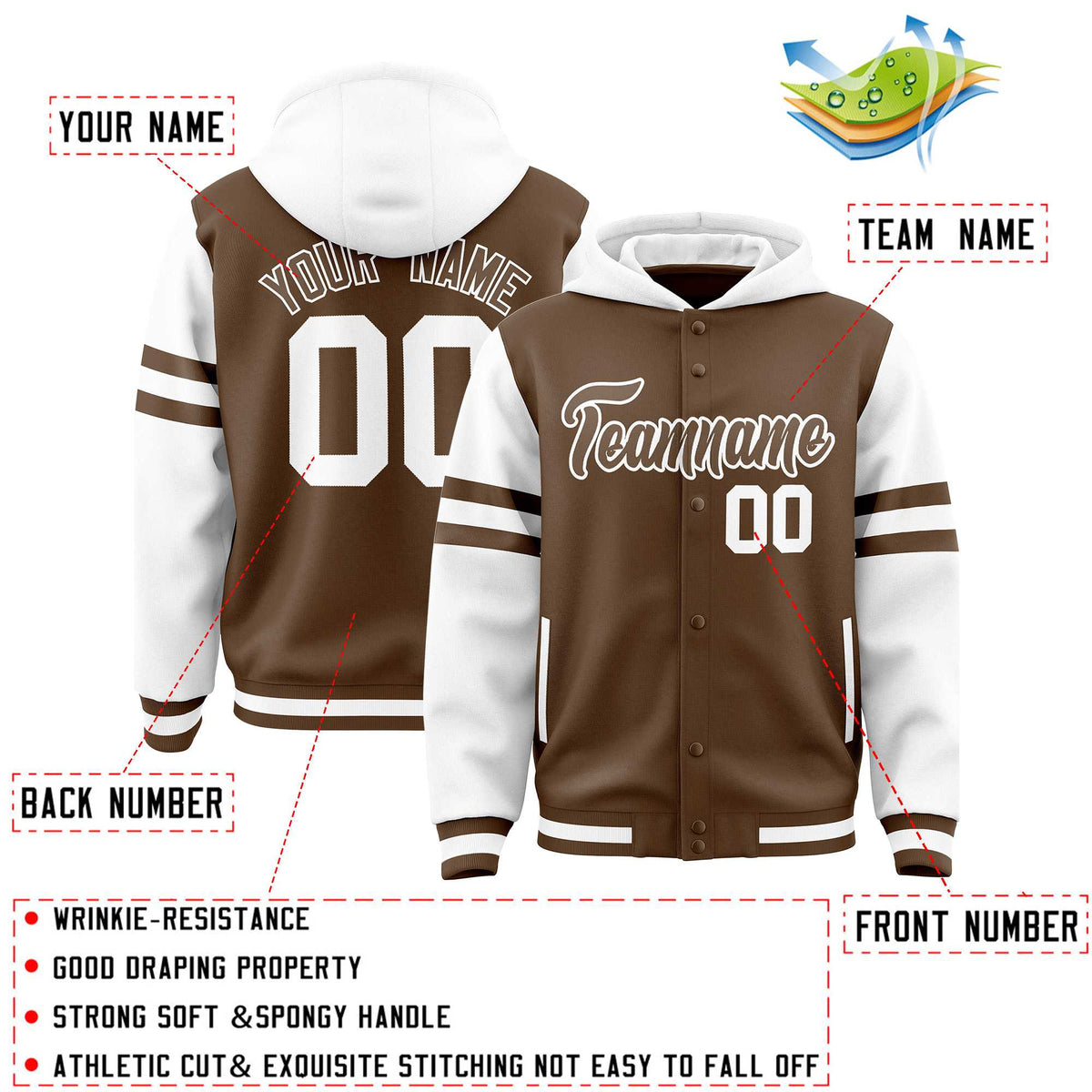 Custom Light Brown White Raglan Sleeves Varsity Full-Snap Letterman Three Stripes Jacket Hoodie| KXKSHOP