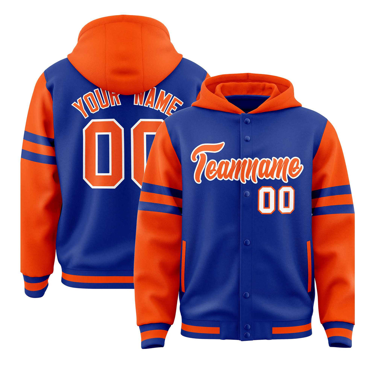 Custom Royal Orange Raglan Sleeves Varsity Full-Snap Letterman Three Stripes Jacket Hoodie| KXKSHOP