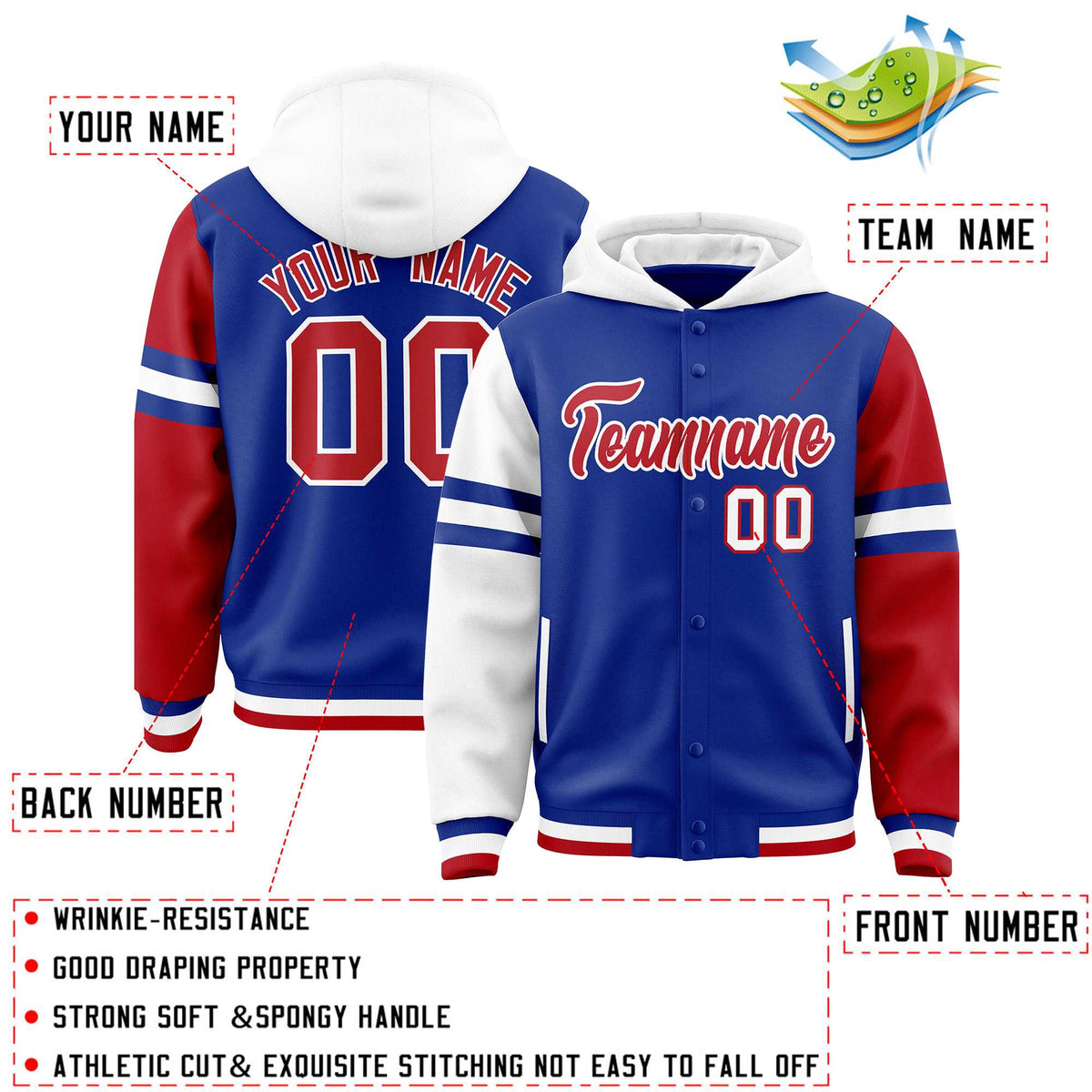 Custom Royal White-Red Raglan Sleeves Varsity Full-Snap Letterman Three Stripes Jacket Hoodie| KXKSHOP