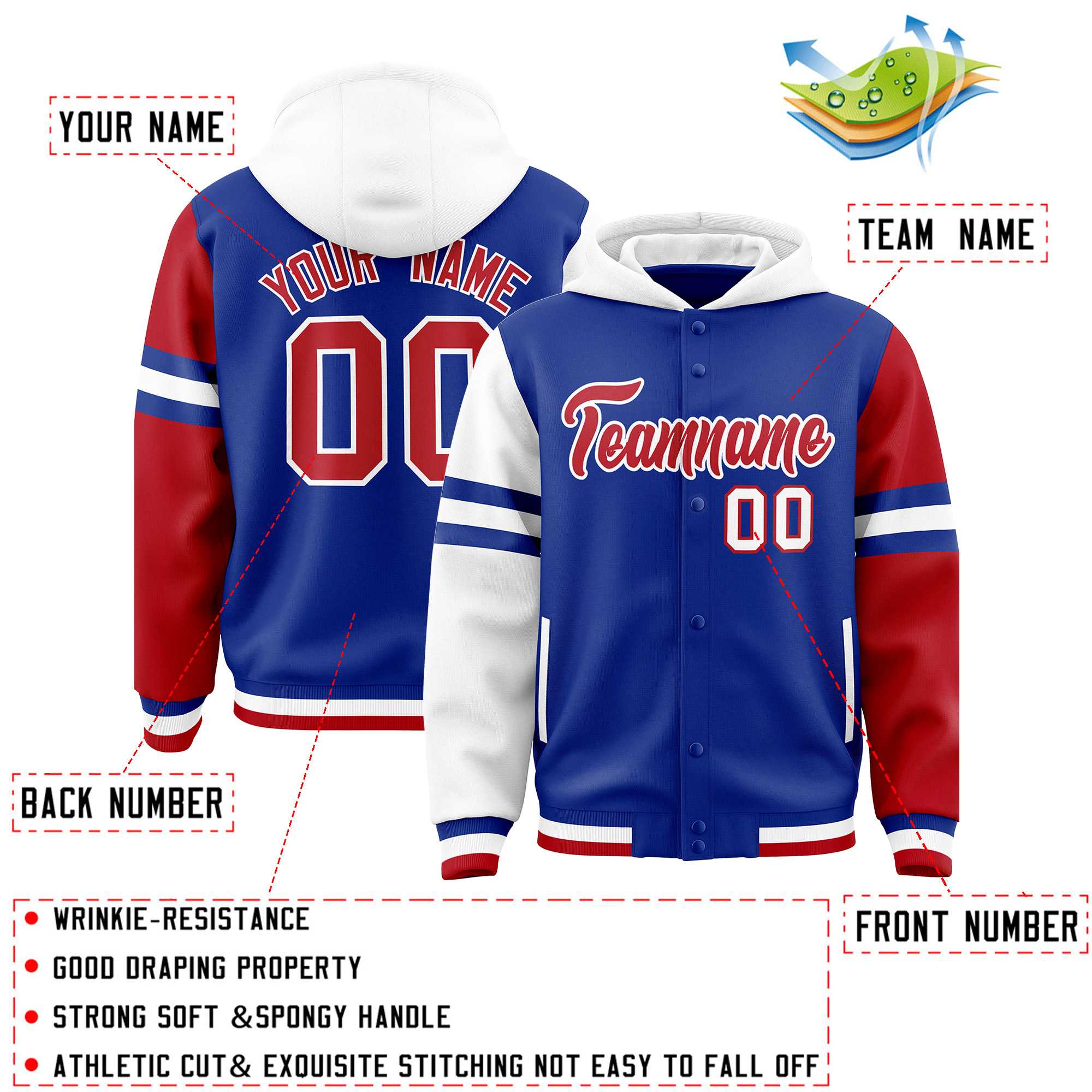 Custom Royal White-Red Raglan Sleeves Varsity Full-Snap Letterman Three Stripes Jacket Hoodie| KXKSHOP