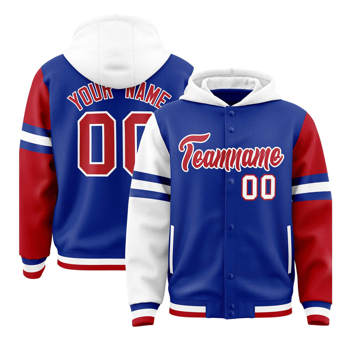 Custom Royal White-Red Raglan Sleeves Varsity Full-Snap Letterman Three Stripes Jacket Hoodie| KXKSHOP