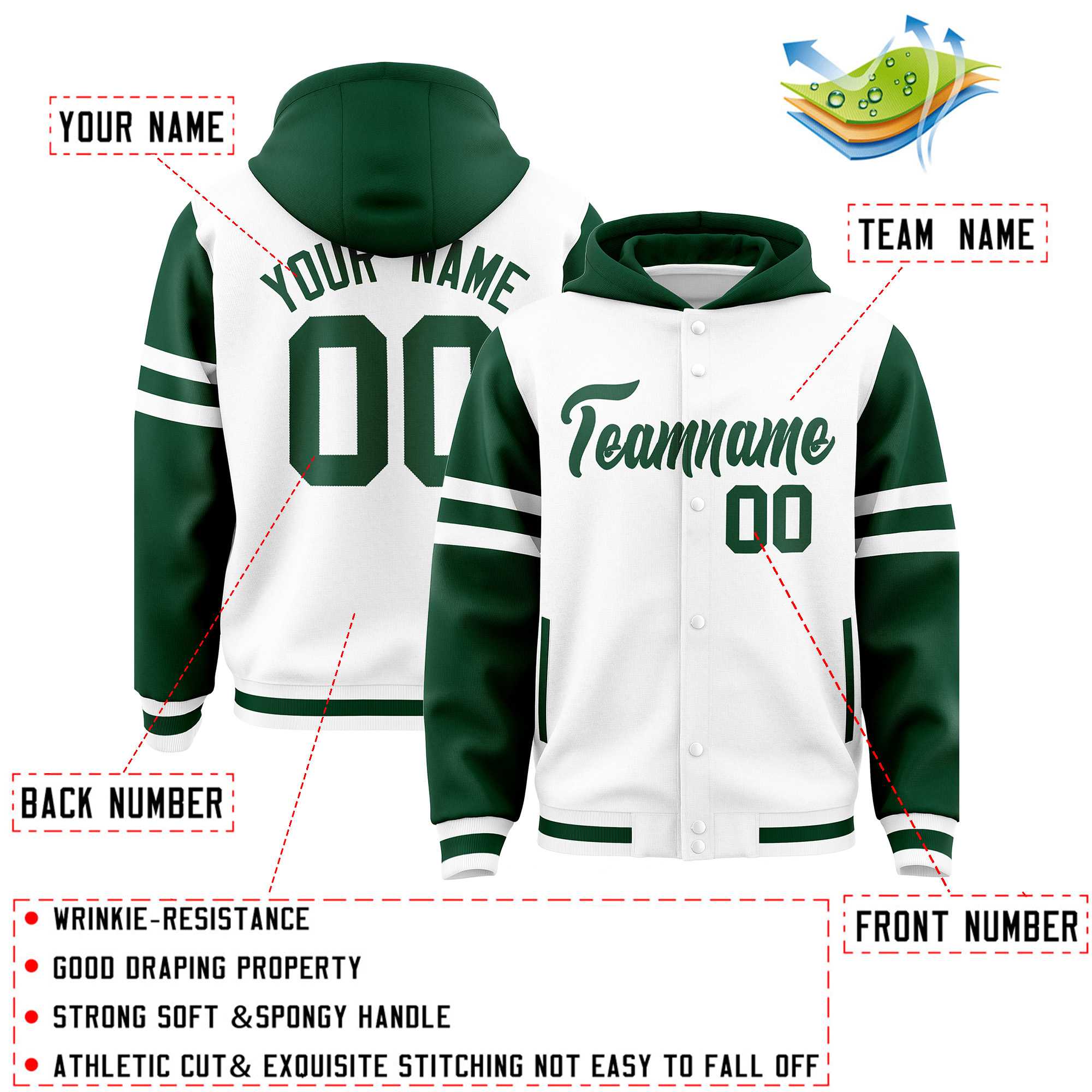 Custom White Green Raglan Sleeves Varsity Full-Snap Letterman Three Stripes Jacket Hoodie| KXKSHOP
