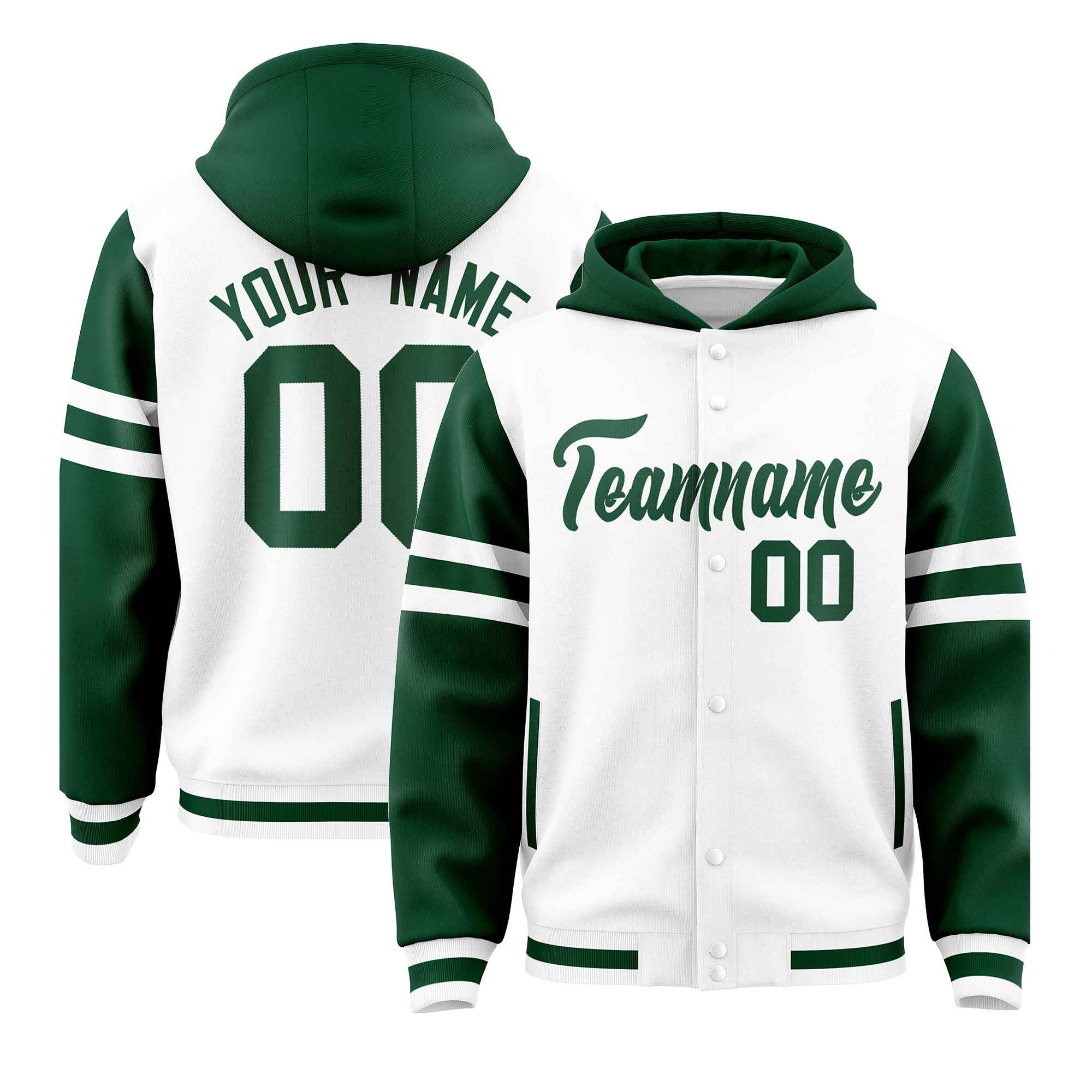 Custom White Green Raglan Sleeves Varsity Full-Snap Letterman Three Stripes Jacket Hoodie| KXKSHOP