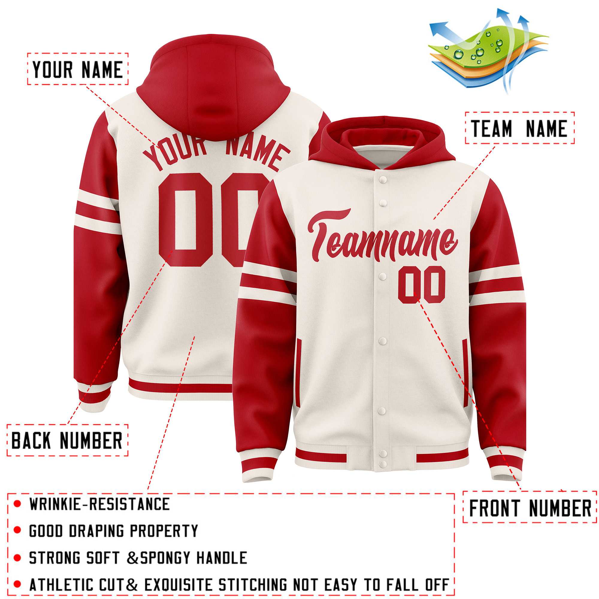 Custom Cream Red Raglan Sleeves Varsity Full-Snap Letterman Three Stripes Jacket Hoodie| KXKSHOP