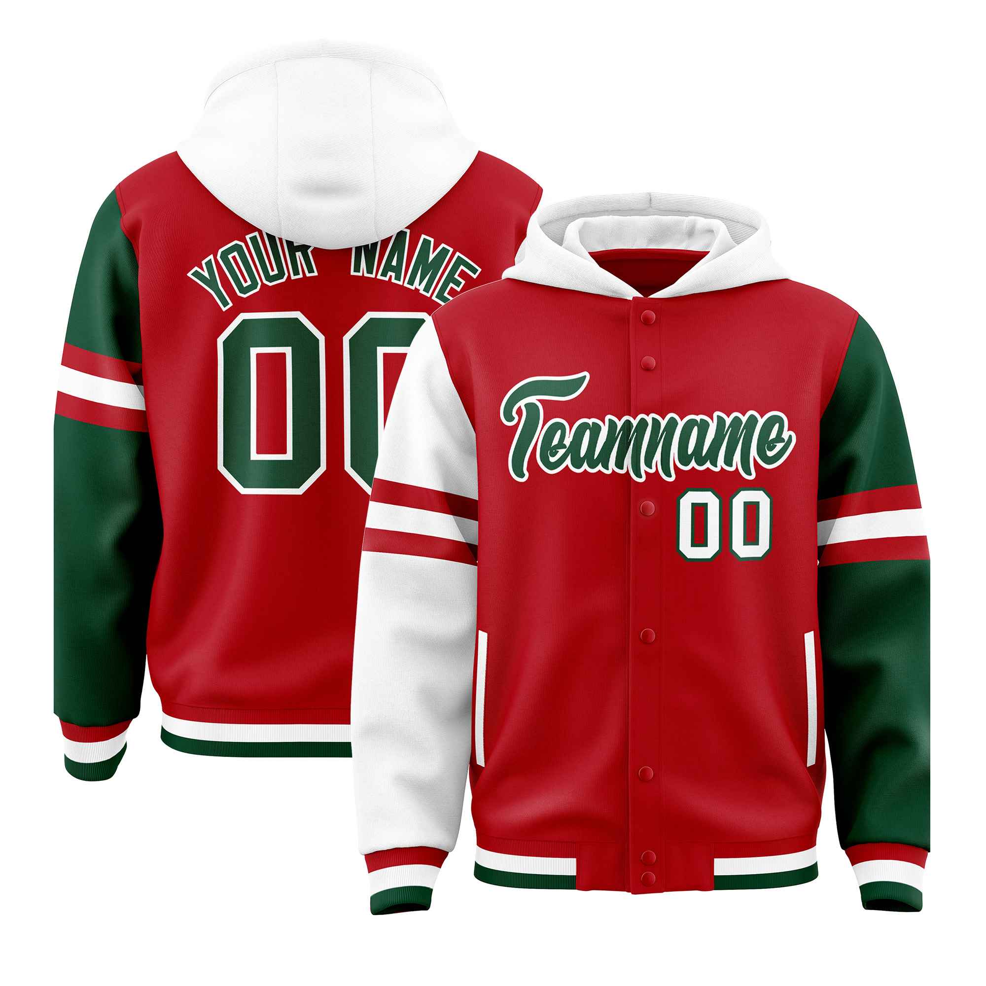 Custom Red White-Green Raglan Sleeves Varsity Full-Snap Letterman Three Stripes Jacket Hoodie| KXKSHOP