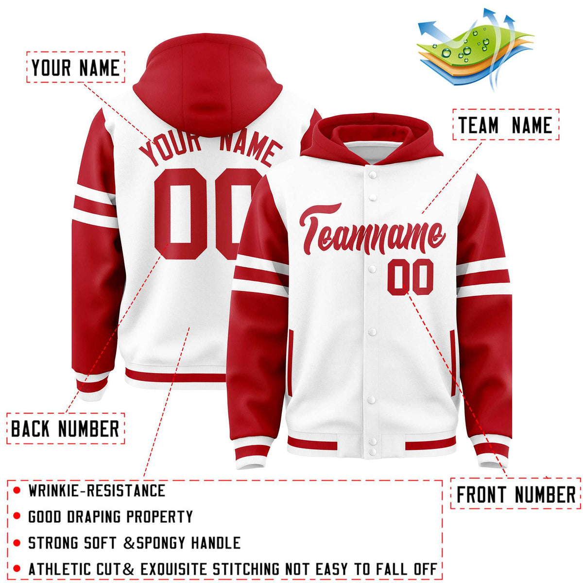 Custom White Red Raglan Sleeves Varsity Full-Snap Letterman Three Stripes Jacket Hoodie| KXKSHOP