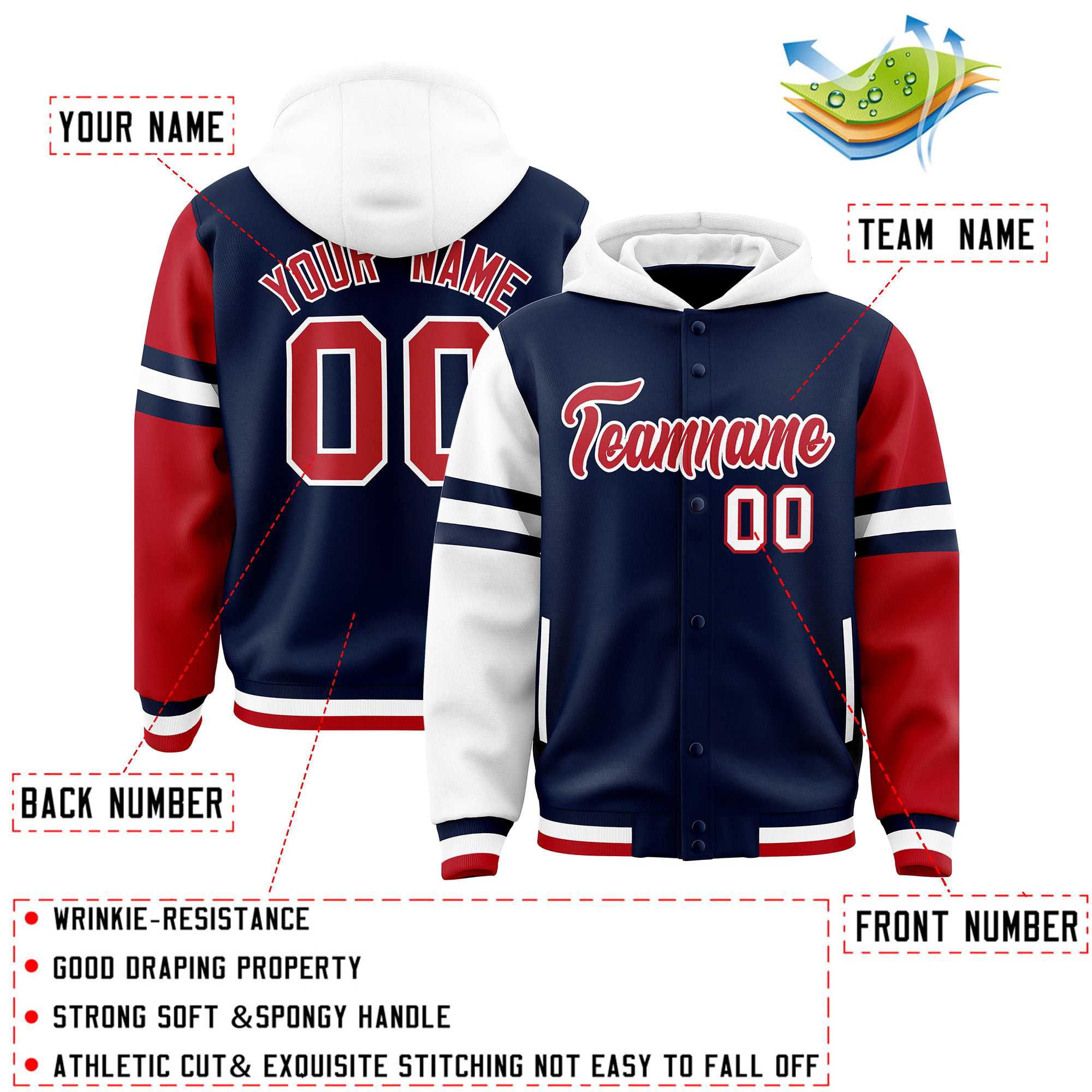 Custom Navy White-Red Raglan Sleeves Varsity Full-Snap Letterman Three Stripes Jacket Hoodie| KXKSHOP