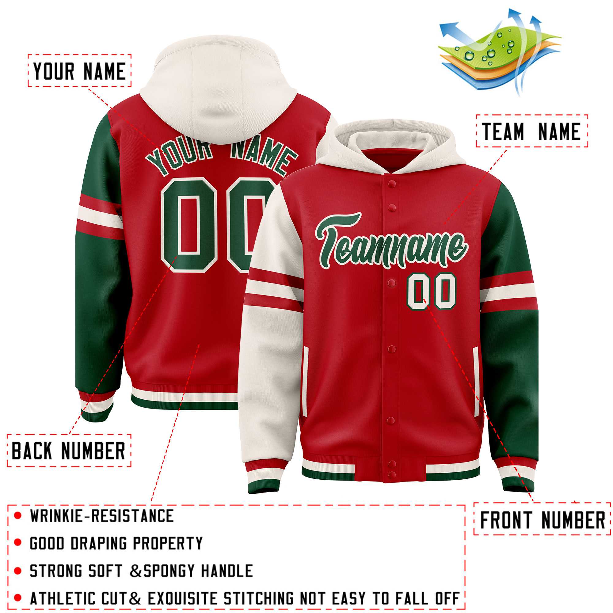Custom Red Cream-Green Raglan Sleeves Varsity Full-Snap Letterman Three Stripes Jacket Hoodie| KXKSHOP
