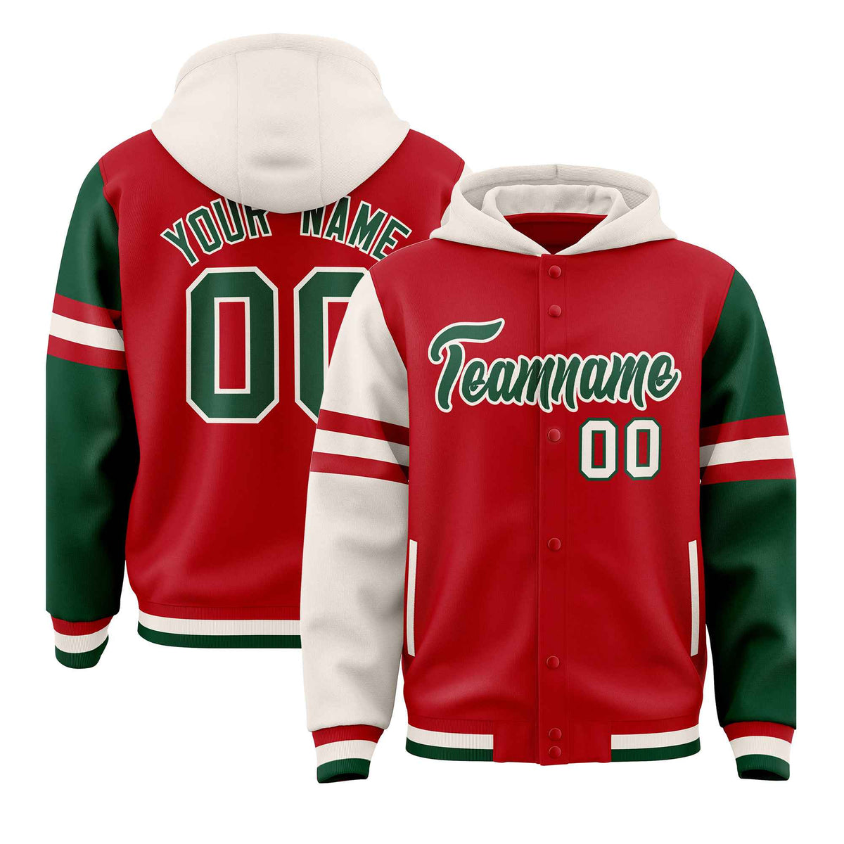 Custom Red Cream-Green Raglan Sleeves Varsity Full-Snap Letterman Three Stripes Jacket Hoodie| KXKSHOP