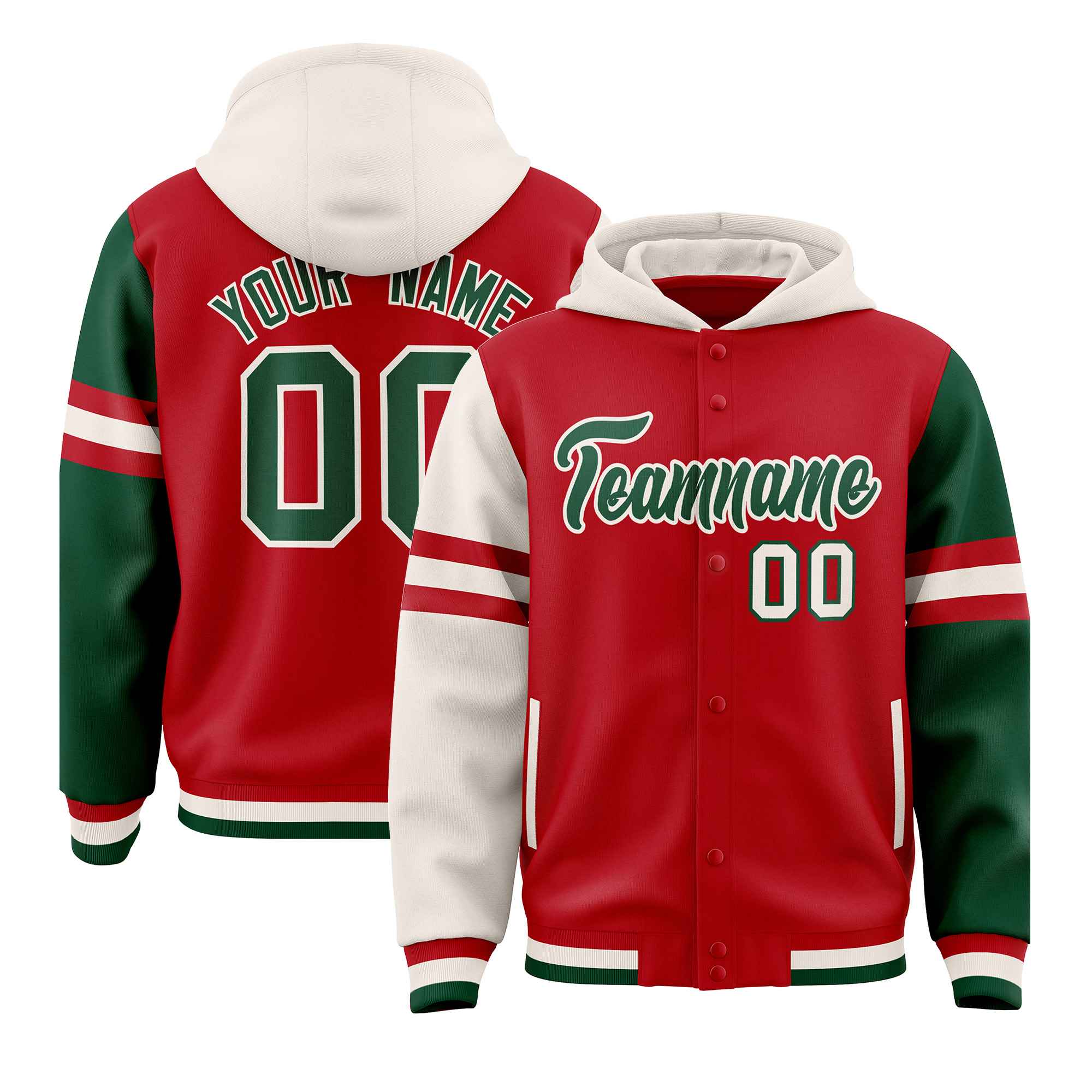 Custom Red Cream-Green Raglan Sleeves Varsity Full-Snap Letterman Three Stripes Jacket Hoodie| KXKSHOP