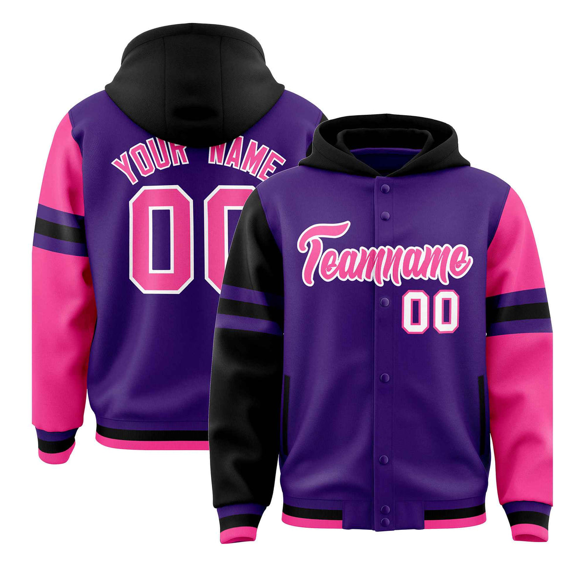 Custom Purple Black-Pink Raglan Sleeves Varsity Full-Snap Letterman Three Stripes Jacket Hoodie| KXKSHOP