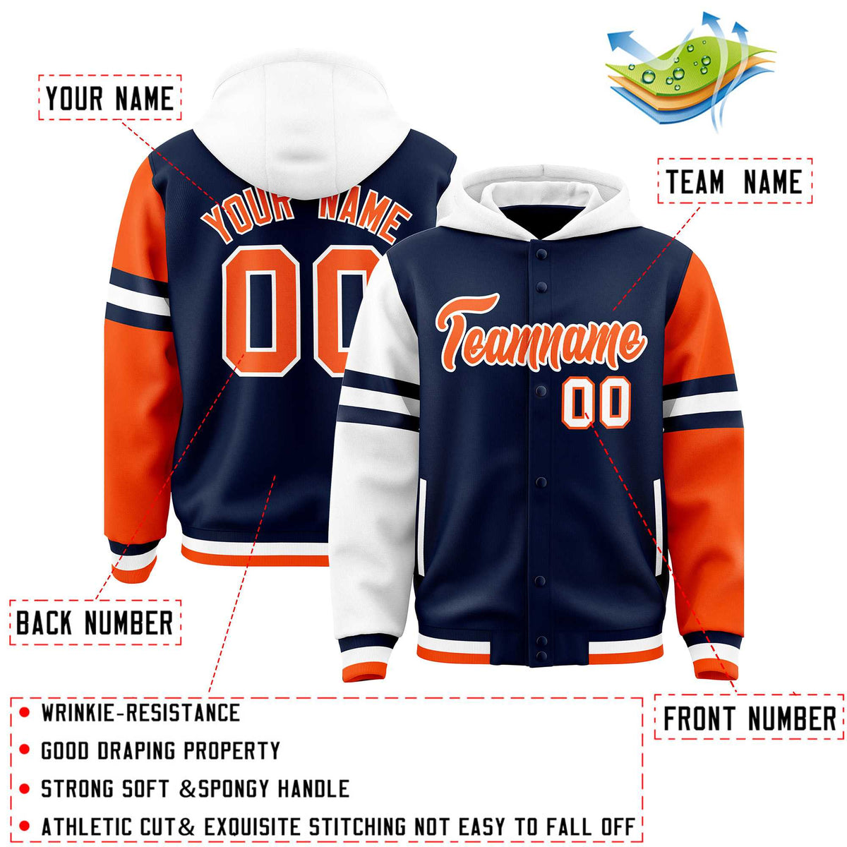 Custom Navy White-Orange Raglan Sleeves Varsity Full-Snap Letterman Three Stripes Jacket Hoodie| KXKSHOP