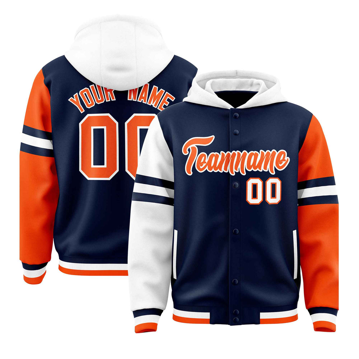 Custom Navy White-Orange Raglan Sleeves Varsity Full-Snap Letterman Three Stripes Jacket Hoodie| KXKSHOP