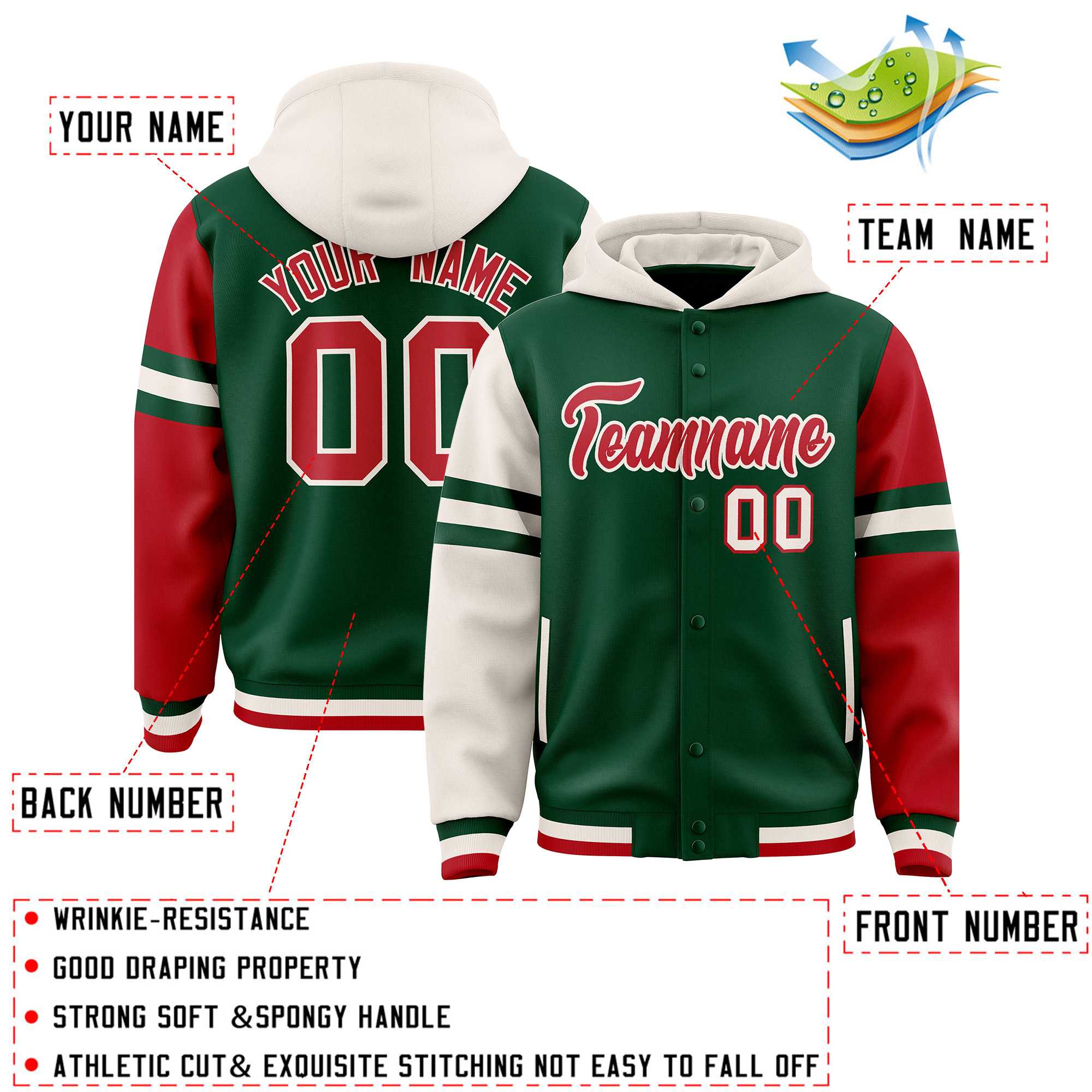 Custom Green Cream-Red Raglan Sleeves Varsity Full-Snap Letterman Three Stripes Jacket Hoodie| KXKSHOP