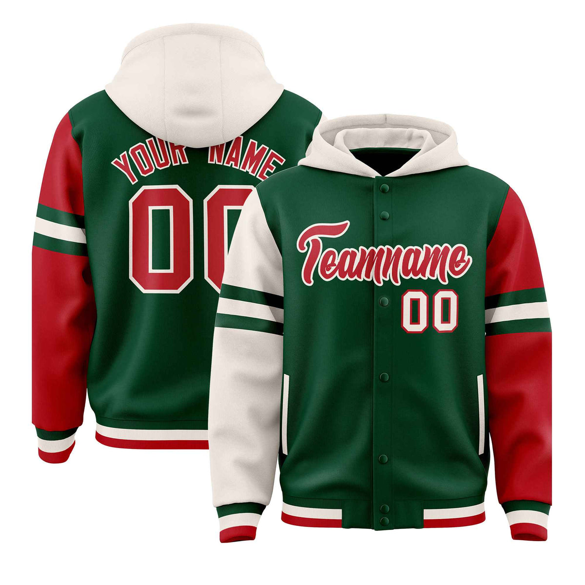 Custom Green Cream-Red Raglan Sleeves Varsity Full-Snap Letterman Three Stripes Jacket Hoodie| KXKSHOP