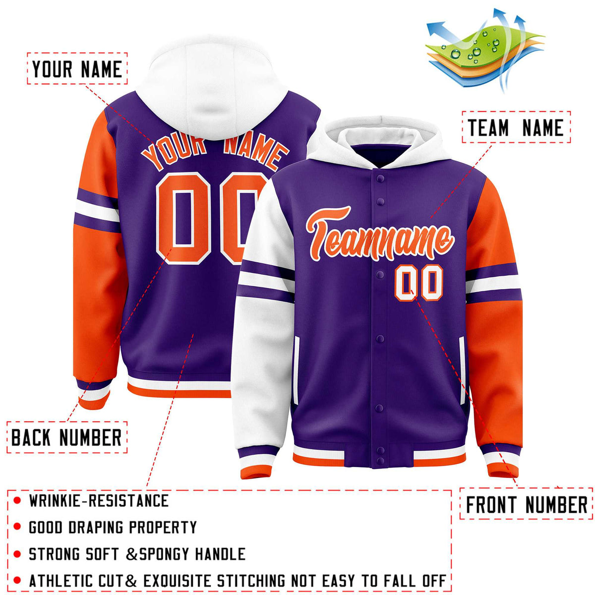 Custom Purple White-Orange Raglan Sleeves Varsity Full-Snap Letterman Three Stripes Jacket Hoodie| KXKSHOP
