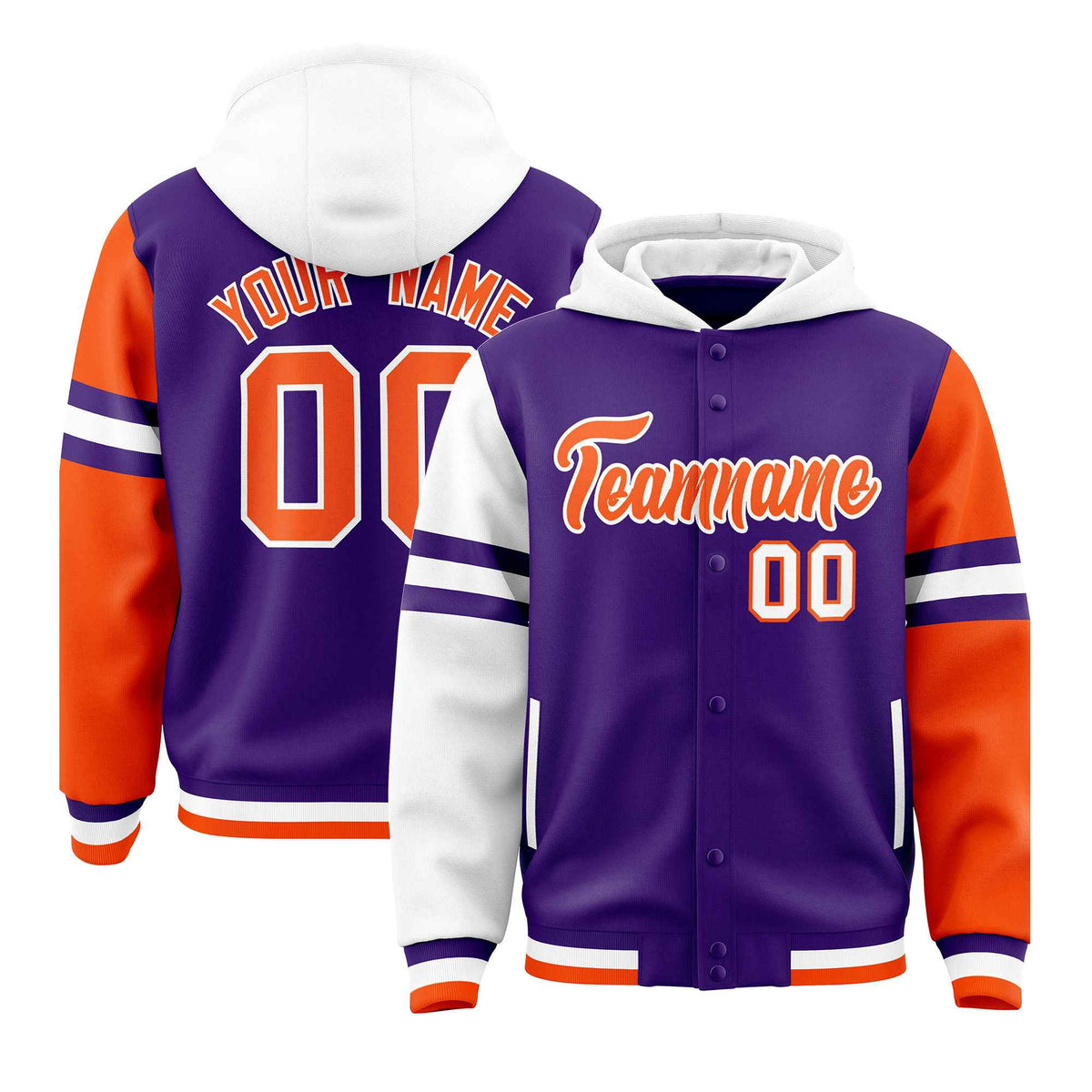 Custom Purple White-Orange Raglan Sleeves Varsity Full-Snap Letterman Three Stripes Jacket Hoodie| KXKSHOP