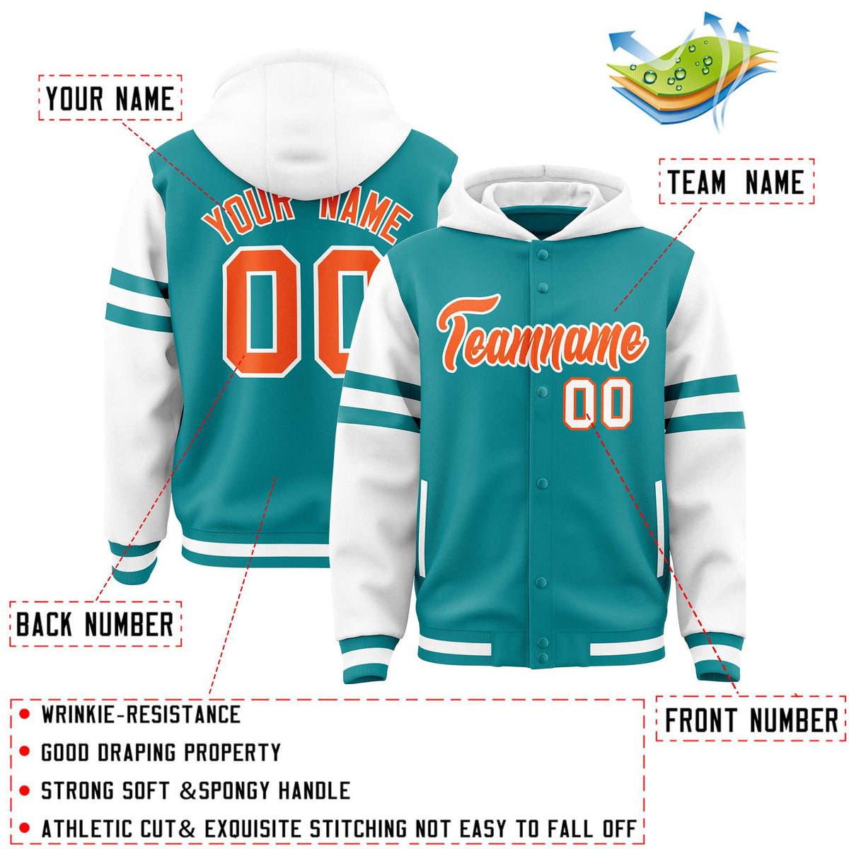 Custom Aqua White Raglan Sleeves Varsity Full-Snap Letterman Three Stripes Jacket Hoodie| KXKSHOP