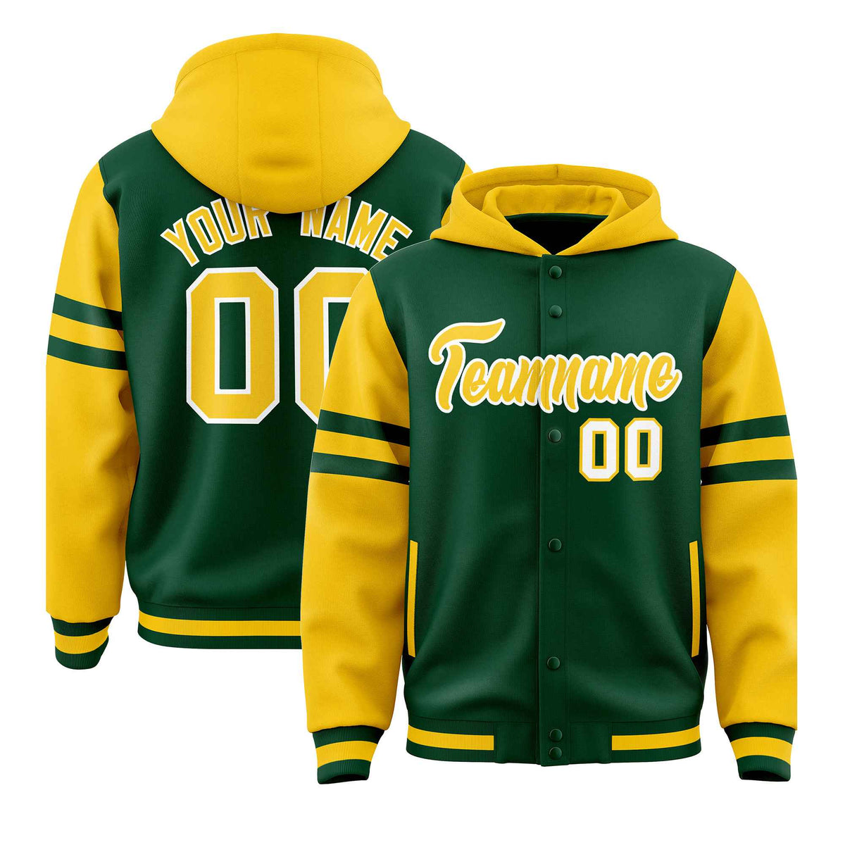 Custom Green Gold Raglan Sleeves Varsity Full-Snap Letterman Three Stripes Jacket Hoodie| KXKSHOP