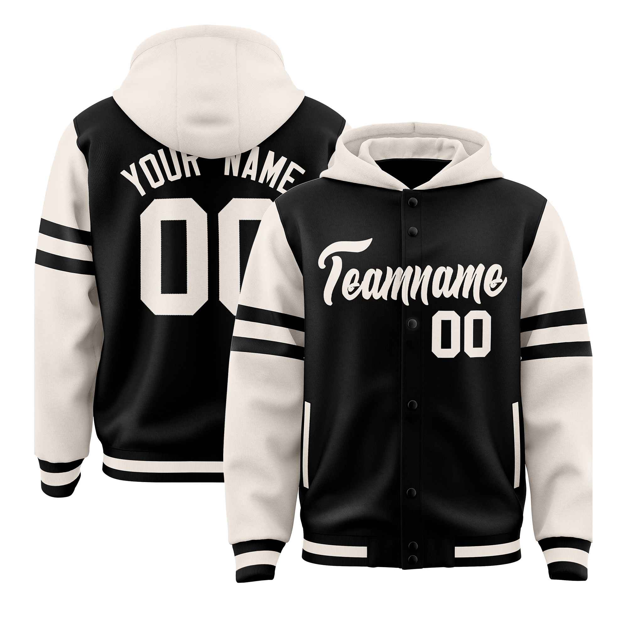 Custom Black Cream Raglan Sleeves Varsity Full-Snap Letterman Three Stripes Jacket Hoodie| KXKSHOP