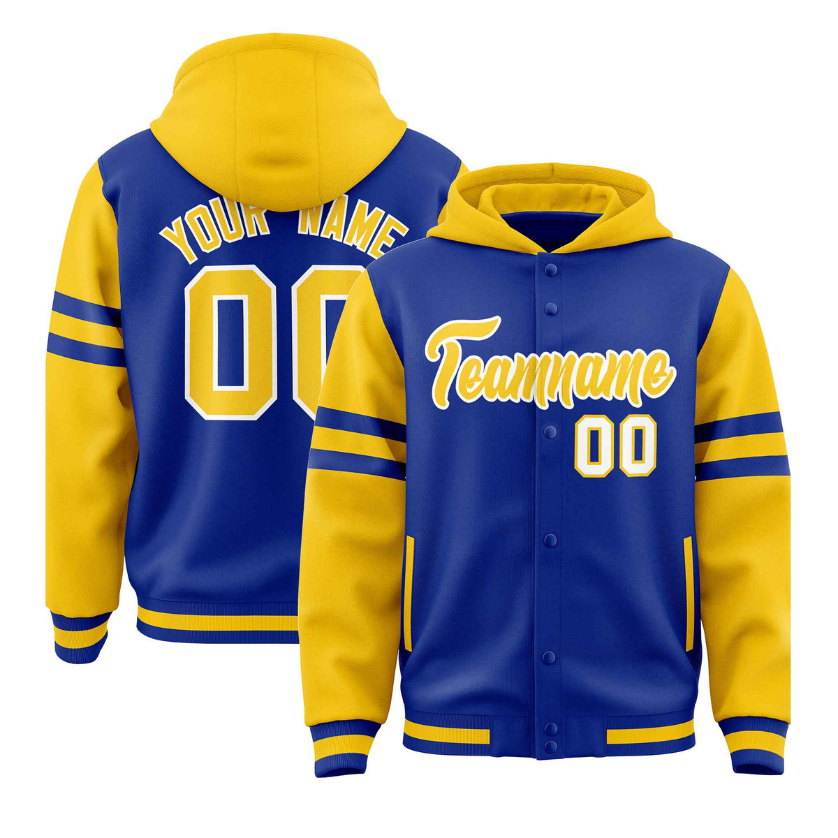 Custom Royal Gold Raglan Sleeves Varsity Full-Snap Letterman Three Stripes Jacket Hoodie| KXKSHOP