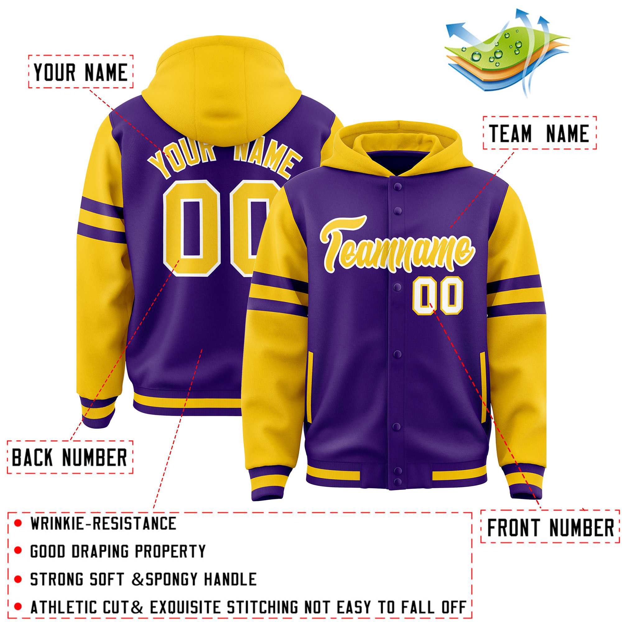 Custom Purple Gold Raglan Sleeves Varsity Full-Snap Letterman Three Stripes Jacket Hoodie| KXKSHOP