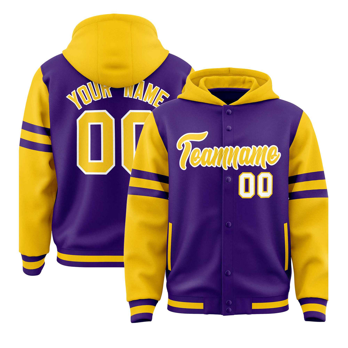 Custom Purple Gold Raglan Sleeves Varsity Full-Snap Letterman Three Stripes Jacket Hoodie| KXKSHOP
