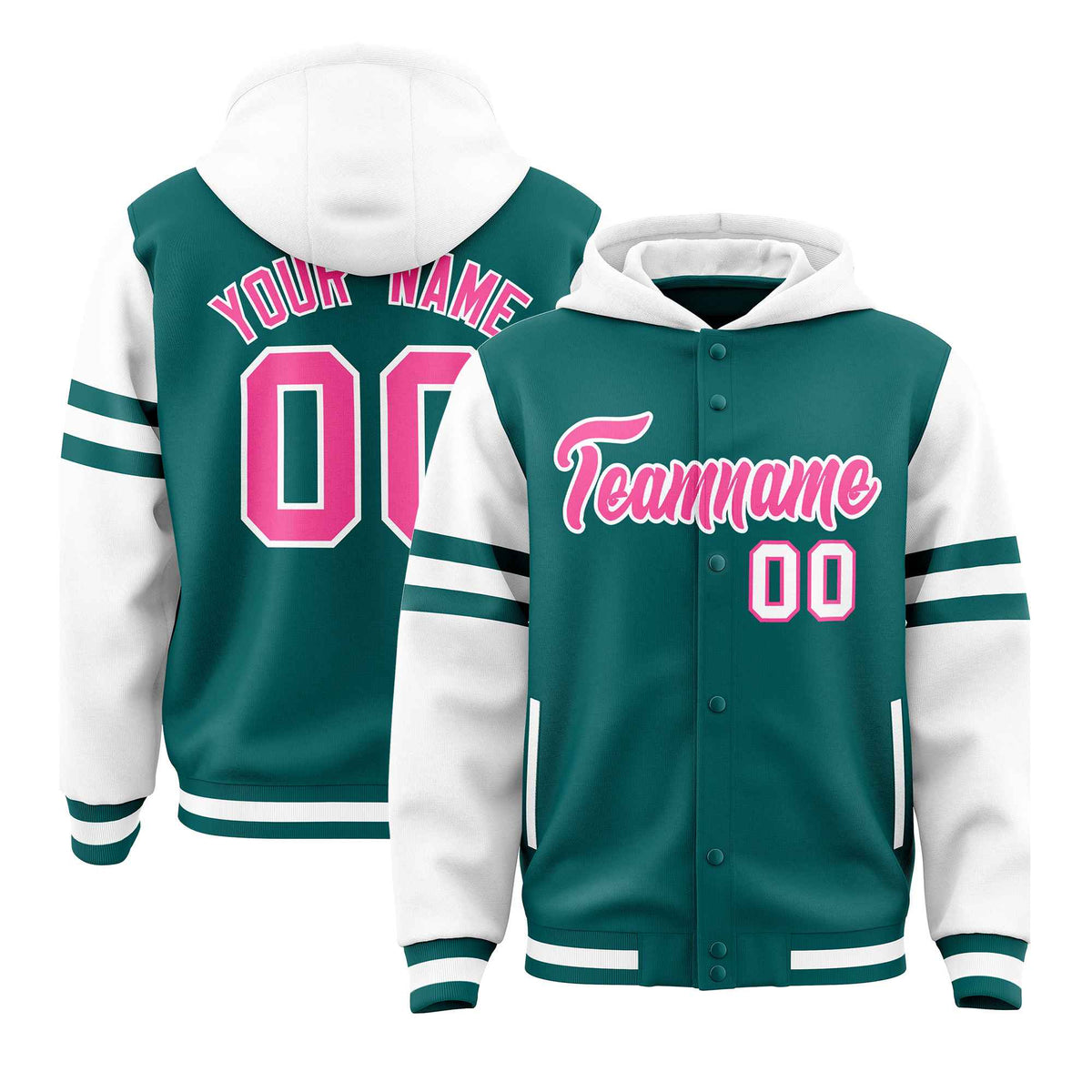 Custom Aqua White Raglan Sleeves Varsity Full-Snap Letterman Three Stripes Jacket Hoodie| KXKSHOP