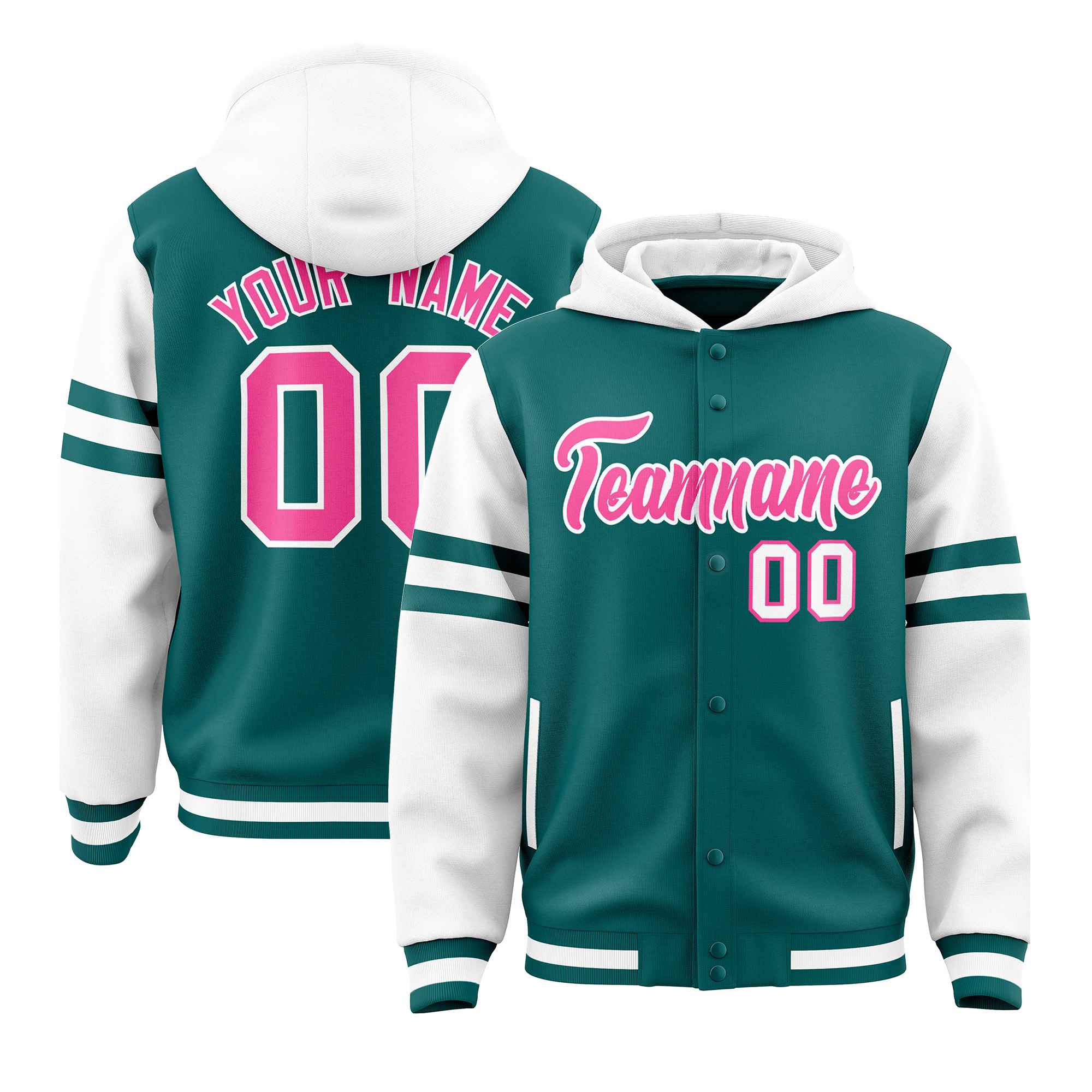 Custom Aqua White Raglan Sleeves Varsity Full-Snap Letterman Three Stripes Jacket Hoodie| KXKSHOP