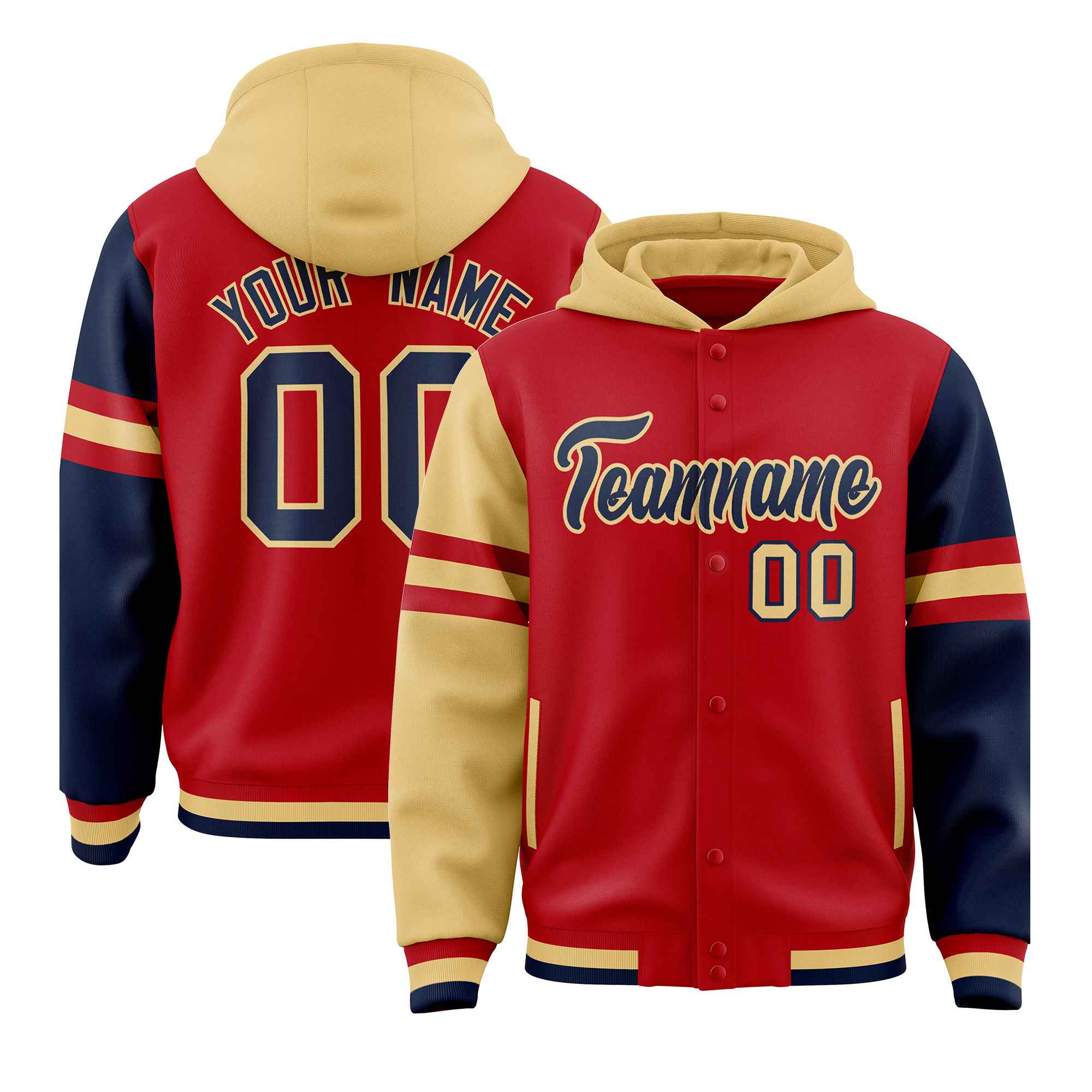 Custom Red Old Gold-Navy Raglan Sleeves Varsity Full-Snap Letterman Three Stripes Jacket Hoodie| KXKSHOP