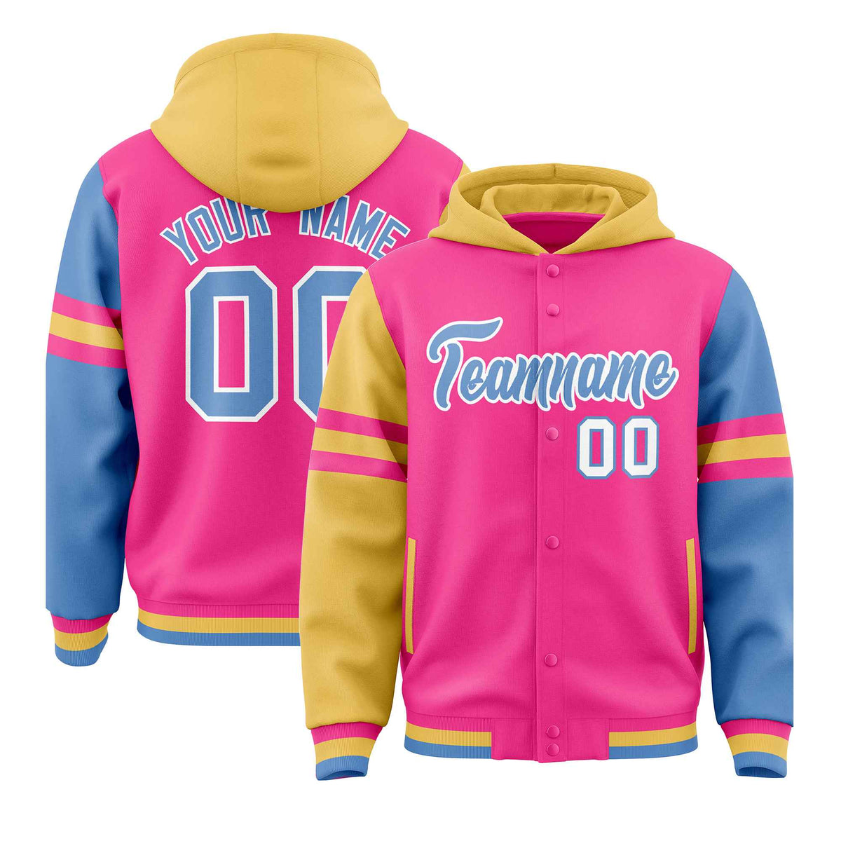 Custom Pink Khaki-Light Blue Raglan Sleeves Varsity Full-Snap Letterman Three Stripes Jacket Hoodie| KXKSHOP