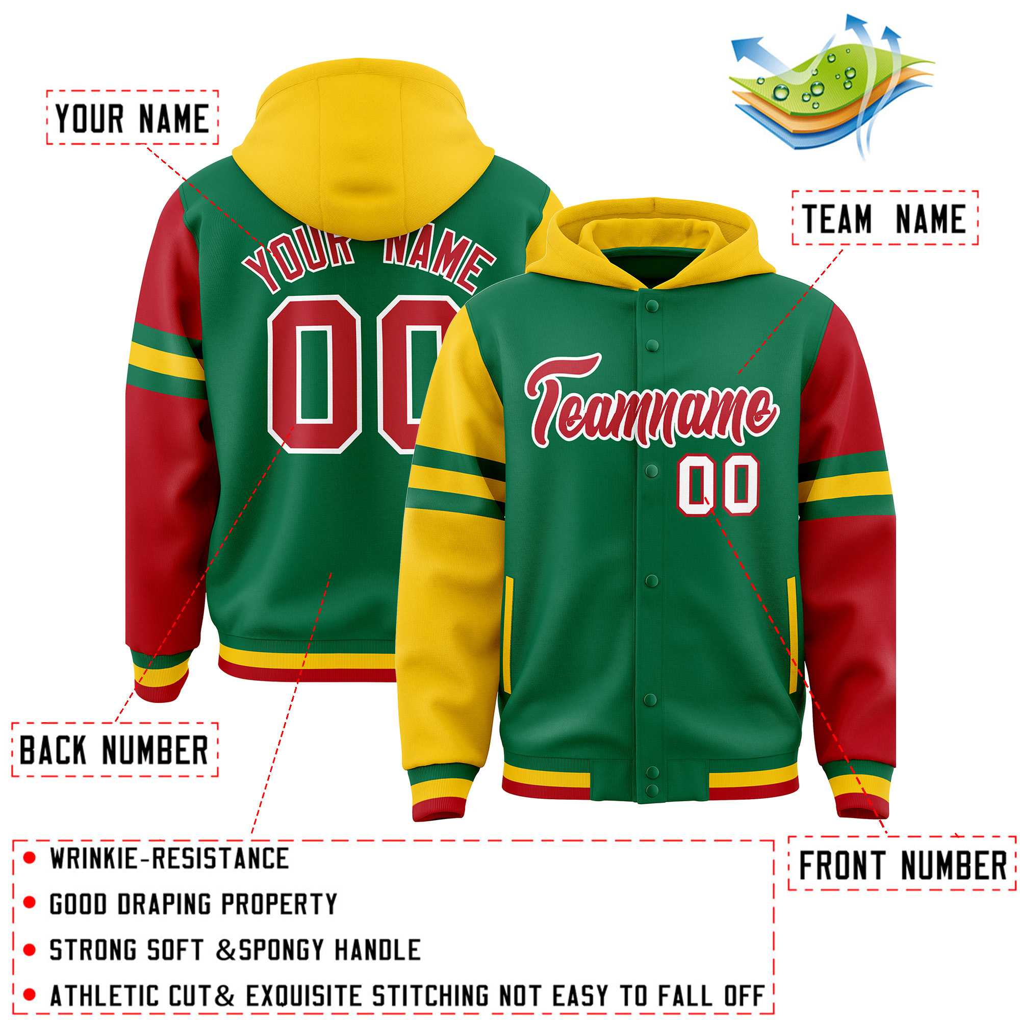 Custom Kelly Green Gold-Red Raglan Sleeves Varsity Full-Snap Letterman Three Stripes Jacket Hoodie| KXKSHOP