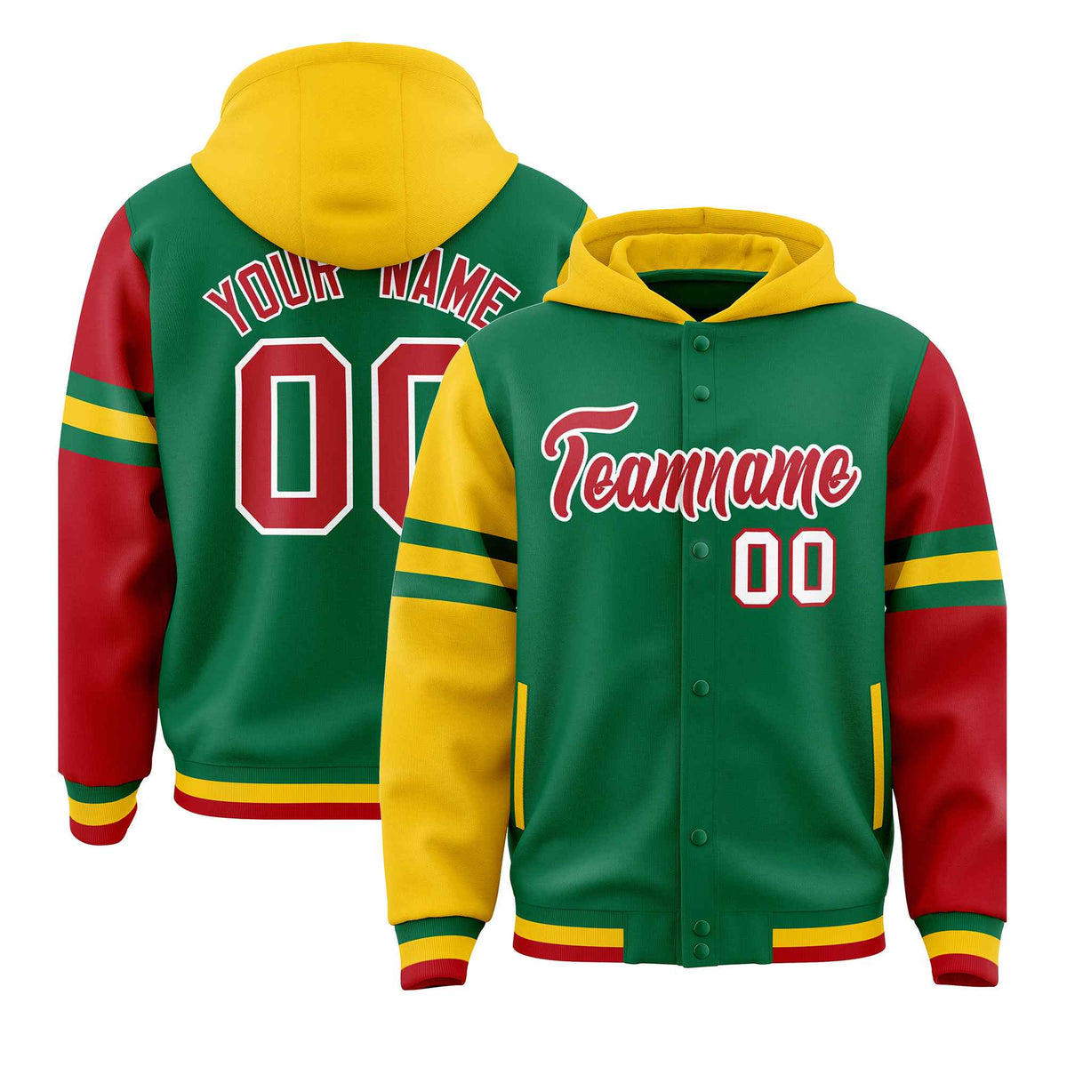 Custom Kelly Green Gold-Red Raglan Sleeves Varsity Full-Snap Letterman Three Stripes Jacket Hoodie| KXKSHOP