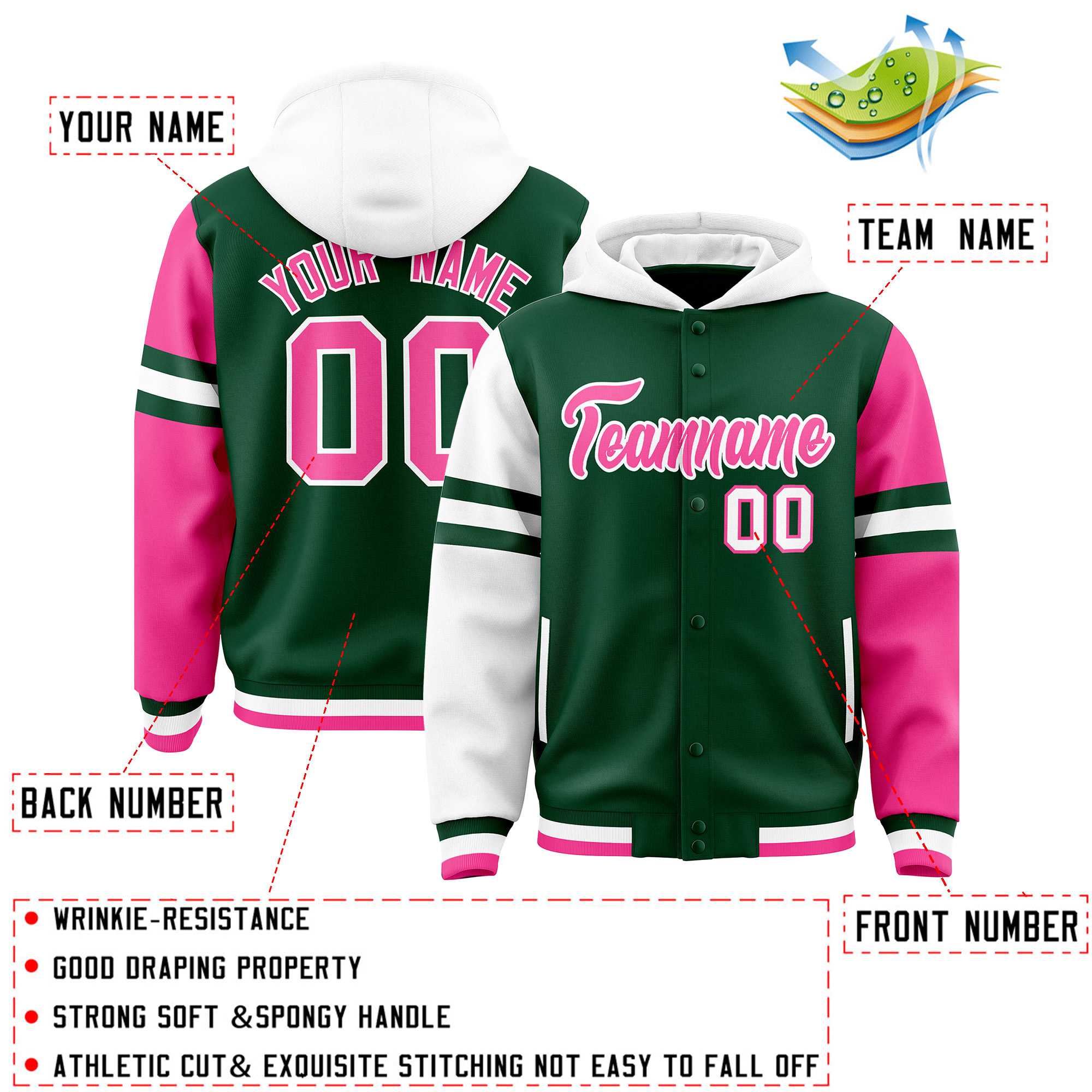 Custom Green White-Pink Raglan Sleeves Varsity Full-Snap Letterman Three Stripes Jacket Hoodie| KXKSHOP