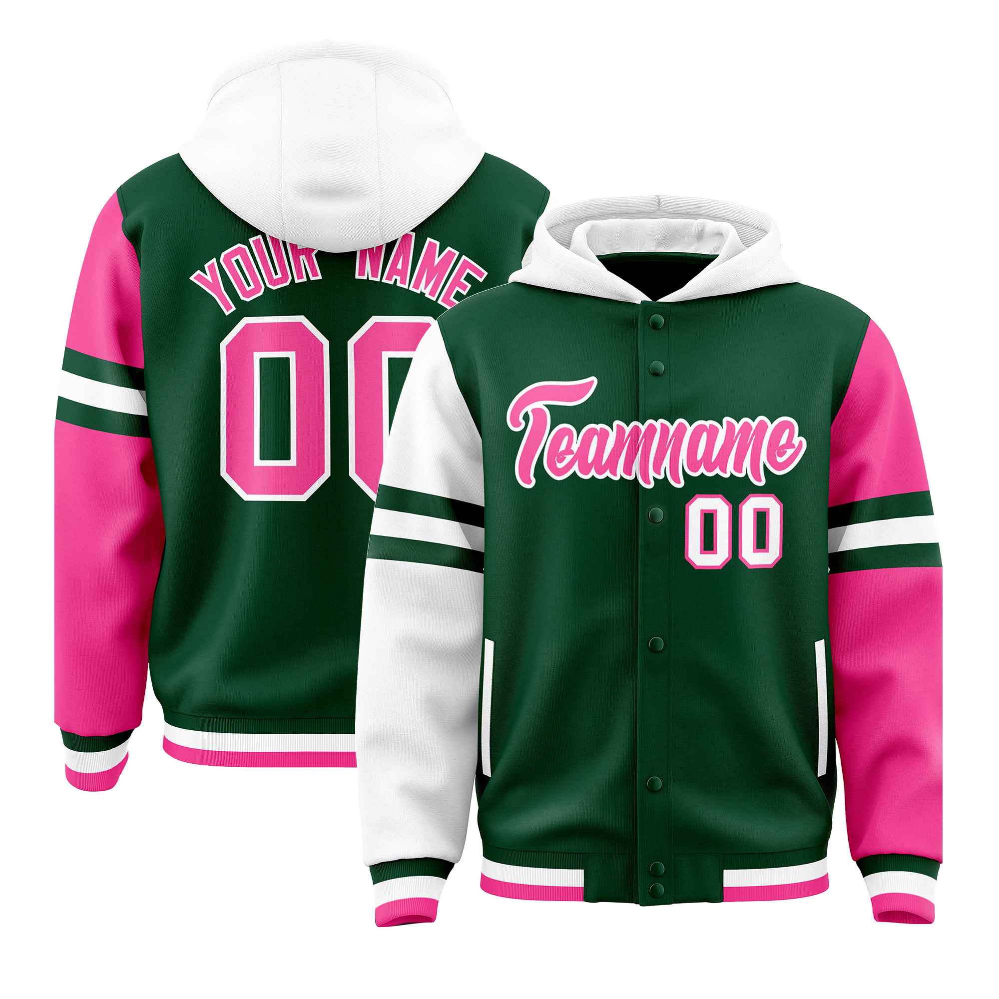 Custom Green White-Pink Raglan Sleeves Varsity Full-Snap Letterman Three Stripes Jacket Hoodie| KXKSHOP