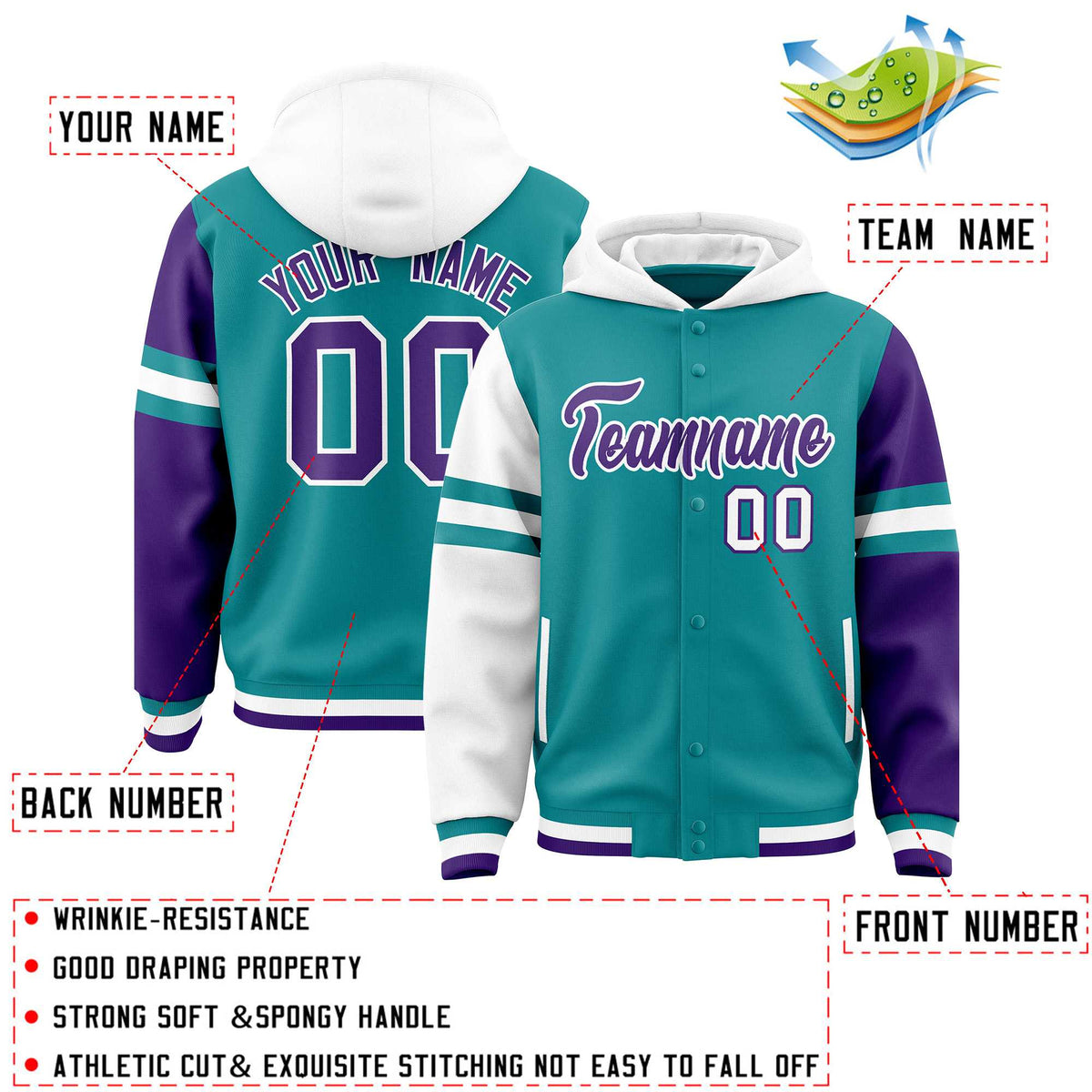 Custom Aqua White-Purple Raglan Sleeves Varsity Full-Snap Letterman Three Stripes Jacket Hoodie| KXKSHOP