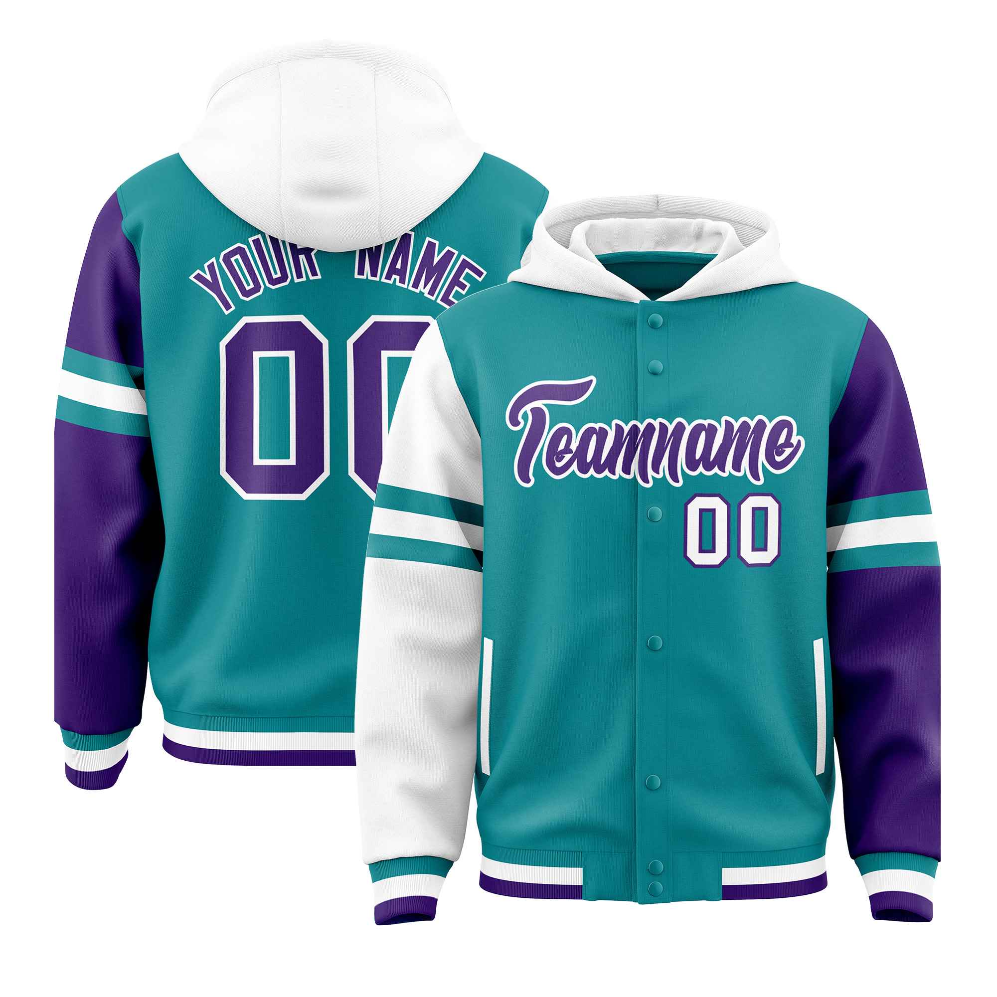 Custom Aqua White-Purple Raglan Sleeves Varsity Full-Snap Letterman Three Stripes Jacket Hoodie| KXKSHOP