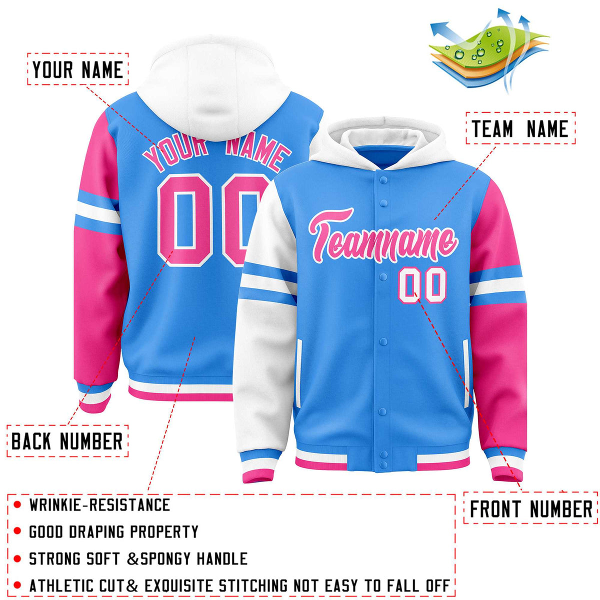 Custom Powder Blue White-Pink Raglan Sleeves Varsity Full-Snap Letterman Three Stripes Jacket Hoodie| KXKSHOP