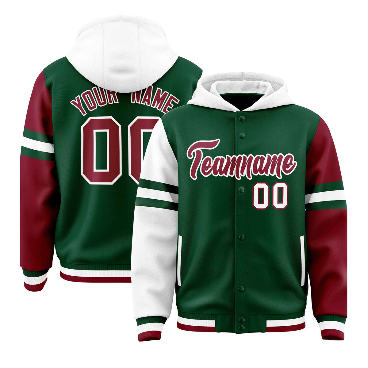 Custom Green White-Crimson Raglan Sleeves Varsity Full-Snap Letterman Three Stripes Jacket Hoodie| KXKSHOP