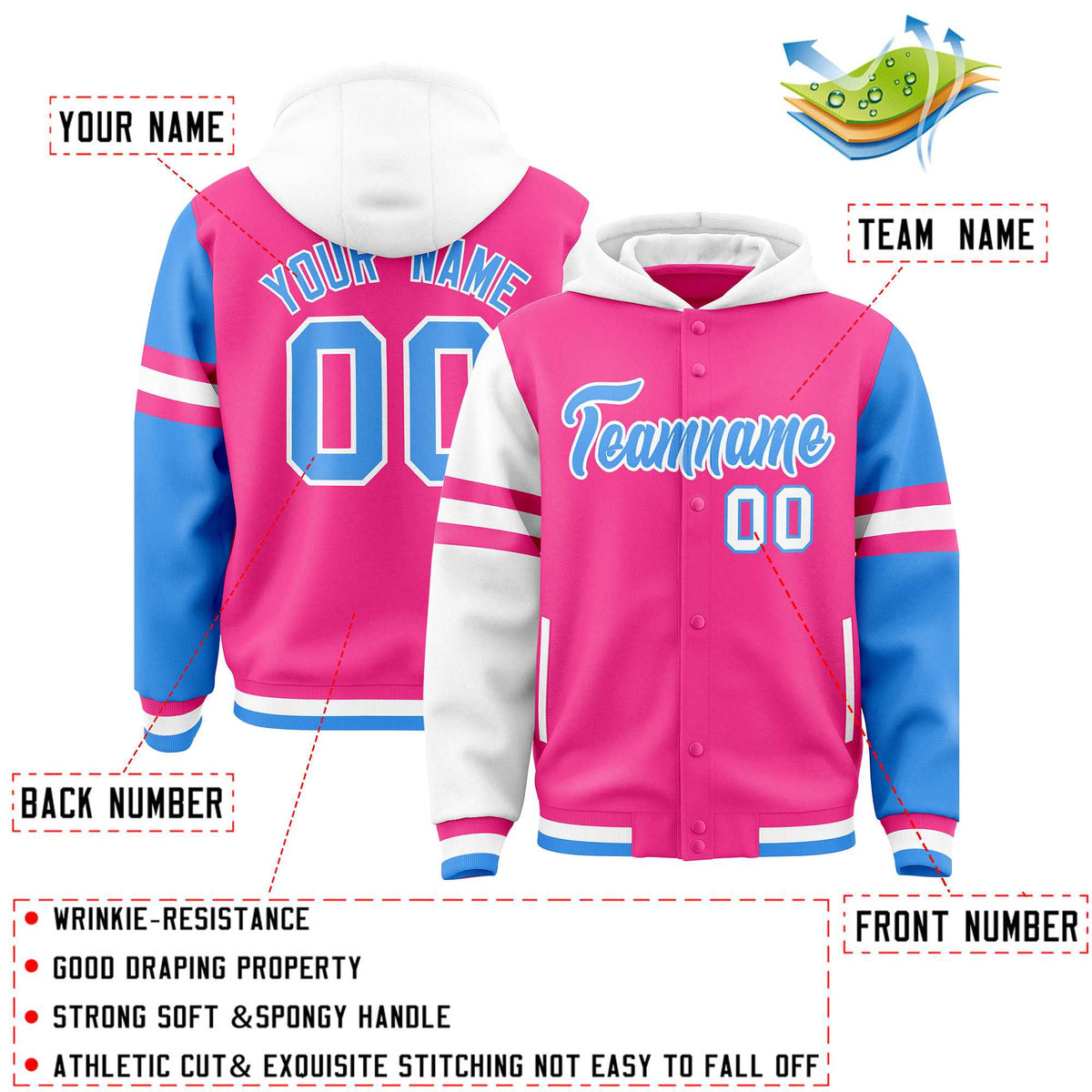 Custom Pink White-Powder Blue Raglan Sleeves Varsity Full-Snap Letterman Three Stripes Jacket Hoodie| KXKSHOP