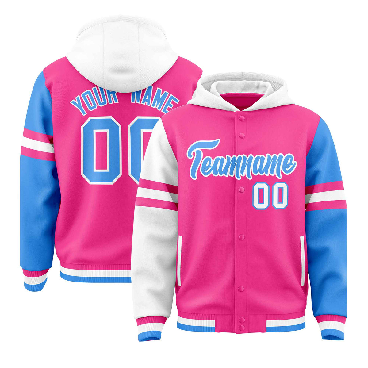 Custom Pink White-Powder Blue Raglan Sleeves Varsity Full-Snap Letterman Three Stripes Jacket Hoodie| KXKSHOP