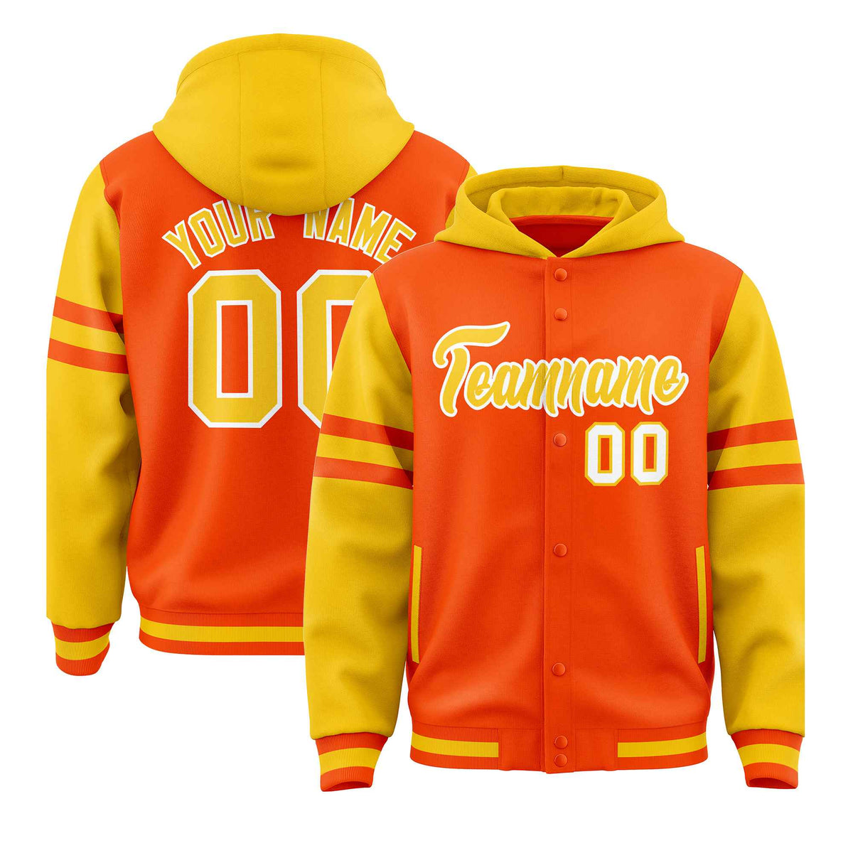 Custom Orange Gold Raglan Sleeves Varsity Full-Snap Letterman Three Stripes Jacket Hoodie| KXKSHOP